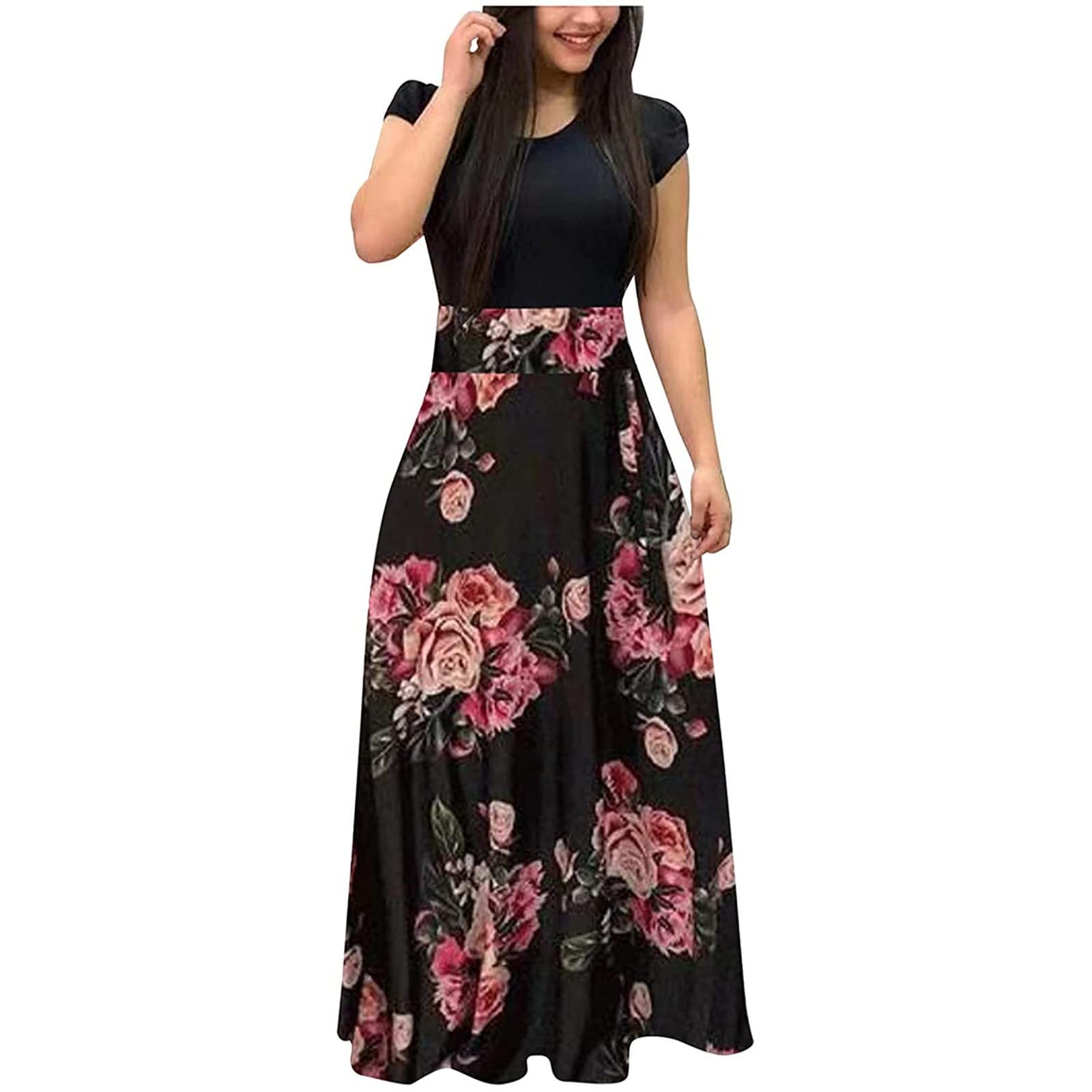 Plus Size Women's Summer Dresses - Short Sleeve Boho Floral Maxi Dress with Crewneck & Flowy Fit | Perfect for Beach Vacations, Casual Outings & Summer Weddings