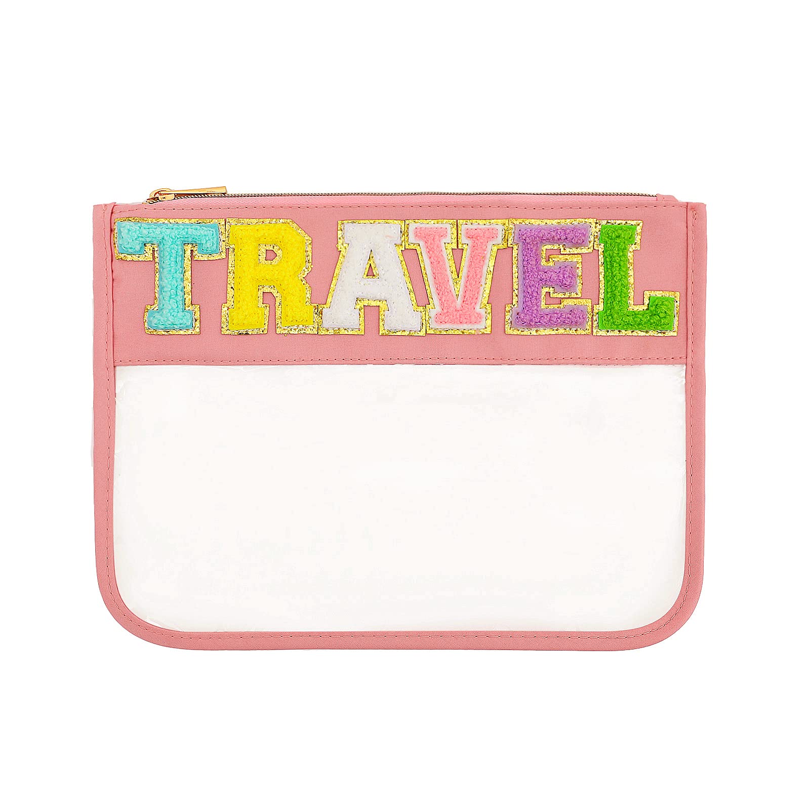 **Chenille Letter Clear Flat Pouch - Multi-Purpose PVC & Nylon Cosmetic Bag with Zipper for Women & Kids - Travel, Gym, Beach Essentials (Pink) - Perfect for Makeup Storage, Toiletries, and Organizing Small Items**