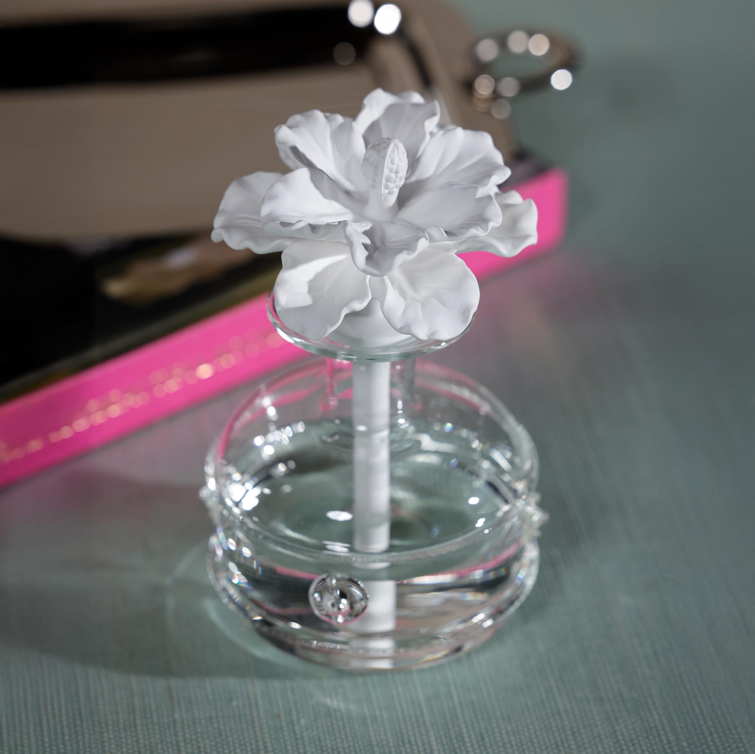 Zodax Grand Casablanca Porcelain Essential Oil Diffuser - 6.76oz Aromatherapy Humidifier for Home, Office, Spa | White Hibiscus Flower Design with Gift Box | Perfect for Relaxation, Yoga & Stress Relief