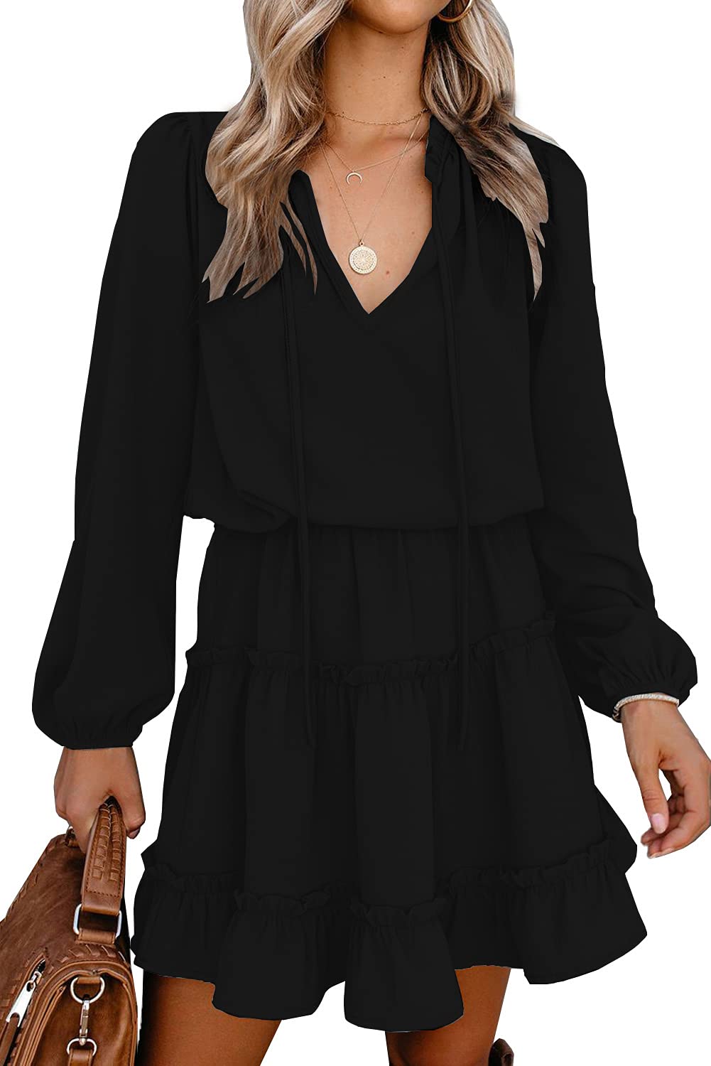 BTFBM Women's Casual Summer Spring Dress 2025 - Tie Neck Long Sleeve High Waist Tiered Ruffle A-Line Swing Tunic Mini Dress for Beach, Party & Daily Wear