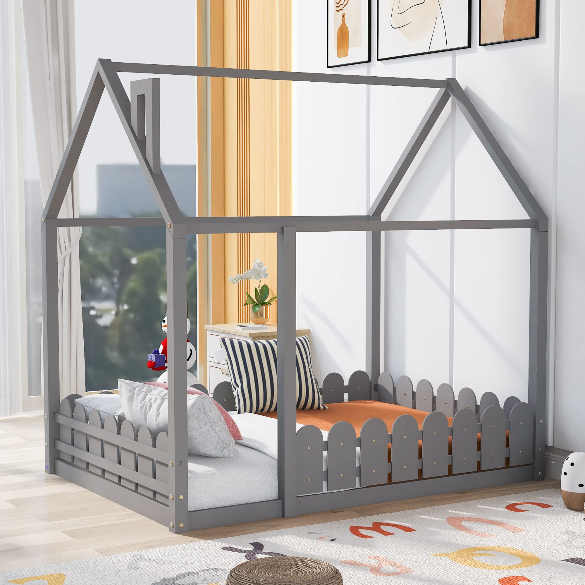 **Merax Full Size Wooden House Bed with Roof & Fence - Kids Playhouse Bed for Girls & Boys, Sturdy Floor Bed in Grey - Perfect for Bedroom Decor & Imaginative Play**