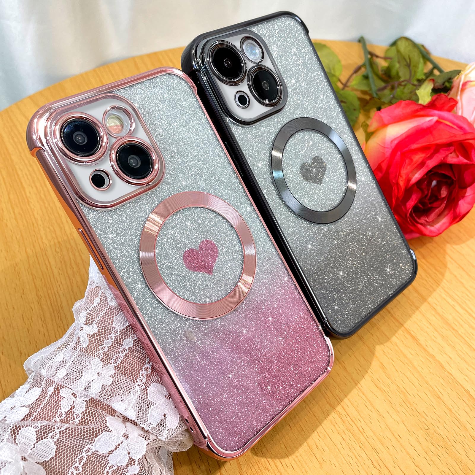Bonoma Magnetic Glitter iPhone 15 Case [MagSafe Compatible] - Luxury Heart Pattern Bling Clear Cover with Camera Protection | Sparkly Slim Soft Back Case for Women & Girls (Pink) | Perfect for Everyday Use, Parties & Gift Giving