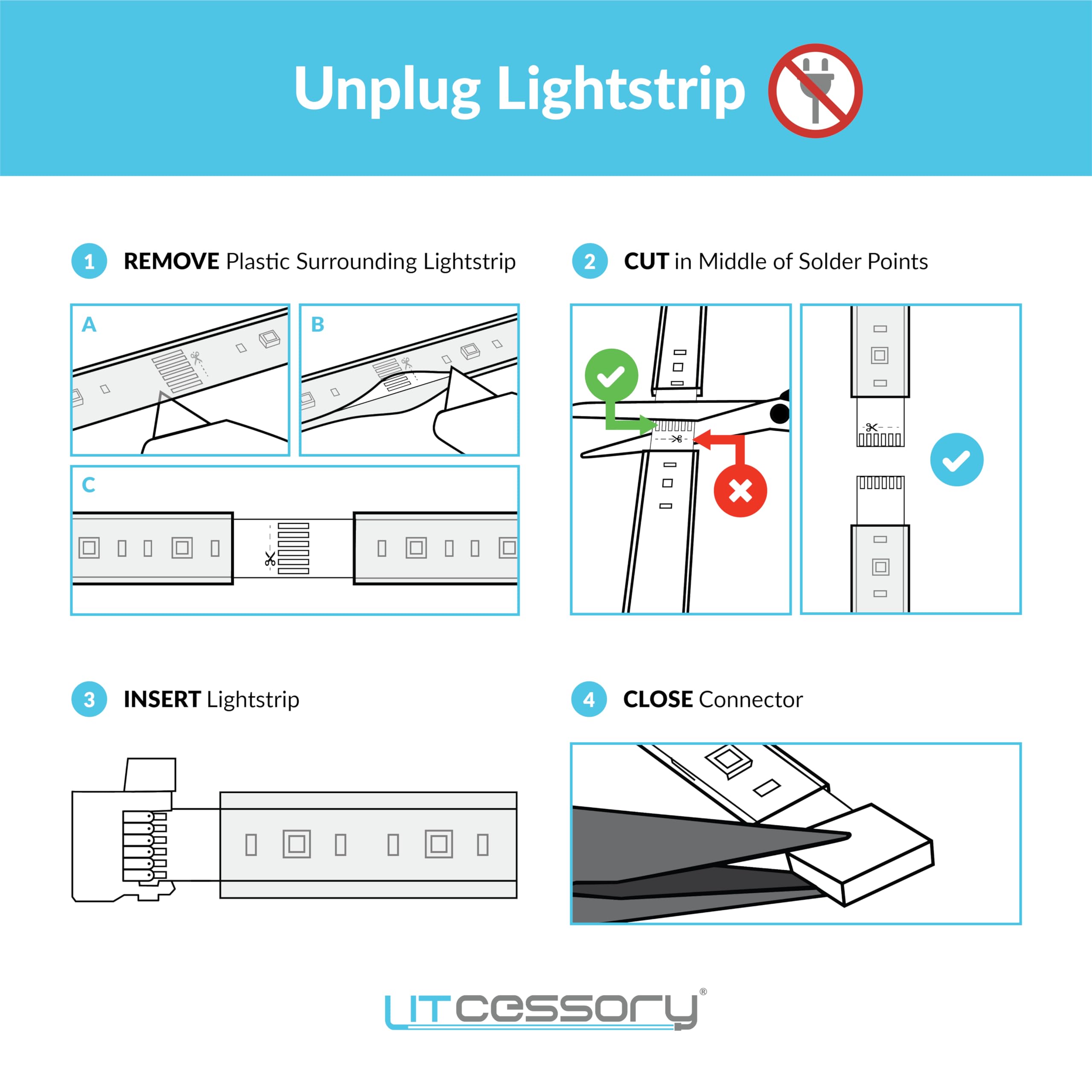 Philips Hue Light Strip Connector - 6-Pin to Cut-End LED Strip Connector (4 Pack, White) - Compatible with Hue Bridge & Smart LED Lights - DIY Custom Lighting for Home, Office & Gaming Setup