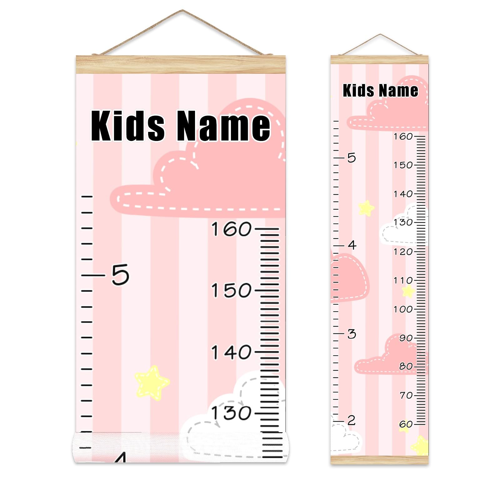 Personalized Kids Name Growth Chart Ruler - Wood Frame Wall Decor for Measuring Child's Height 13.4x56 Inches - Linen Hanging Height Tracker for Nursery & Bedroom - Cute Pink Room Decor for Girls & Boys (Perfect for Baby Showers, Birthdays & Milestone Tracking)