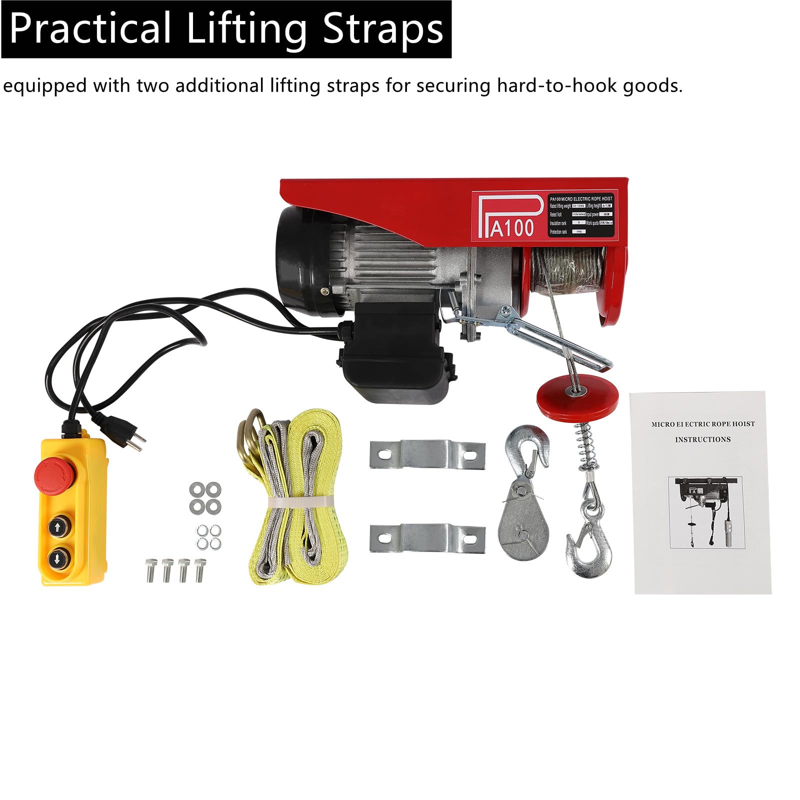 110V Electric Hoist Winch - 220lbs Lifting Capacity, 480W Power with Remote Control - Single/Double Hook for Factory, Warehouse, Mining - Perfect for Heavy Equipment Lifting, Construction Work & Industrial Applications