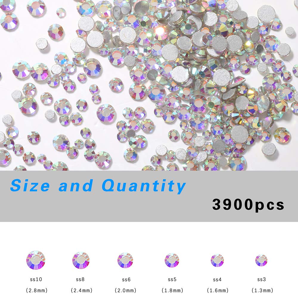 3 Packs AB Rhinestones for Nails - Flat Back Round Glass Nail Gems & Crystals in 6 Sizes - Perfect for Nail Art, Manicures, Pedicures and DIY Nail Decorations