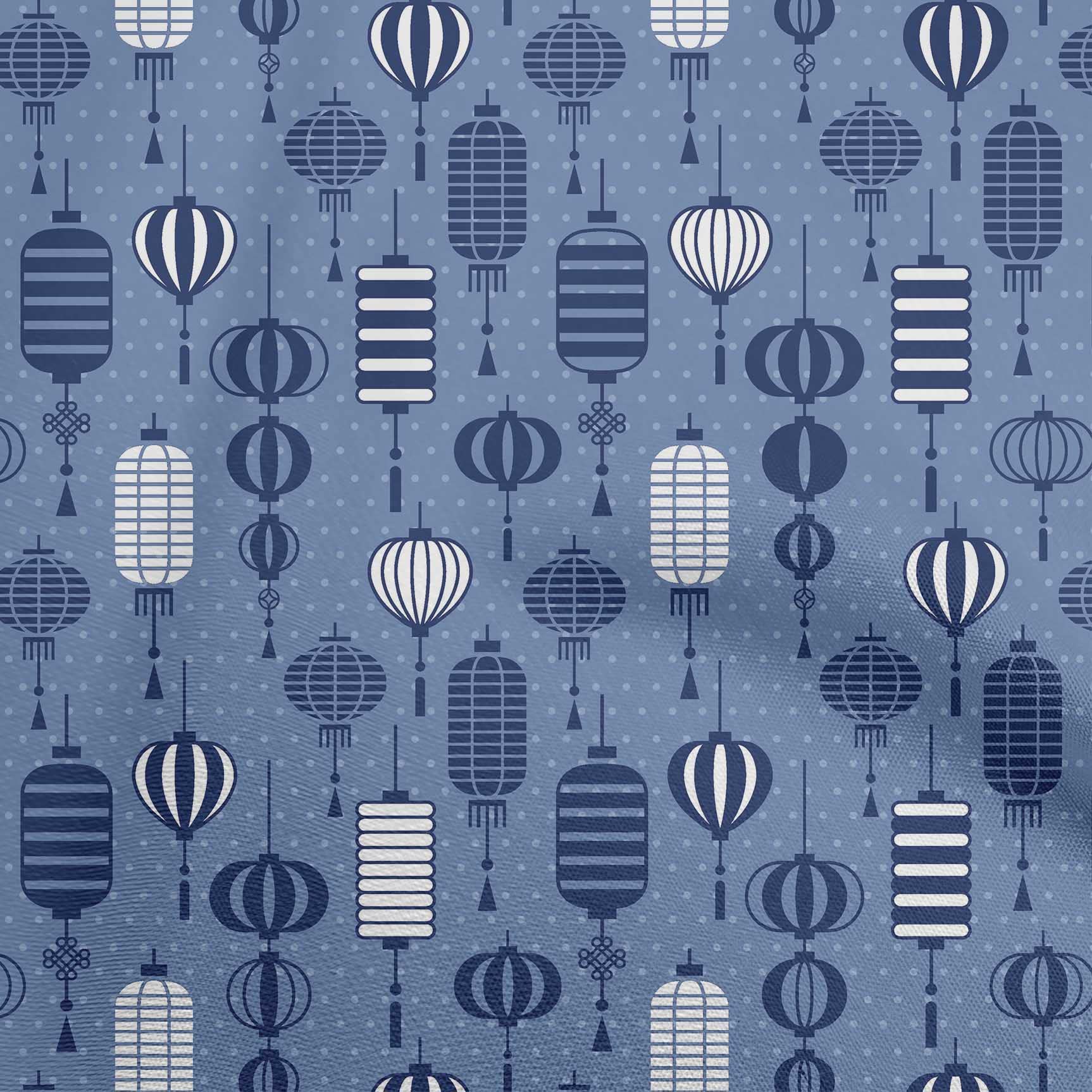 Velvet Blue Asian Chinese Lamps Print Fabric by The Yard - 58 Inch Wide Dress Material for Home Decor & Costume Design