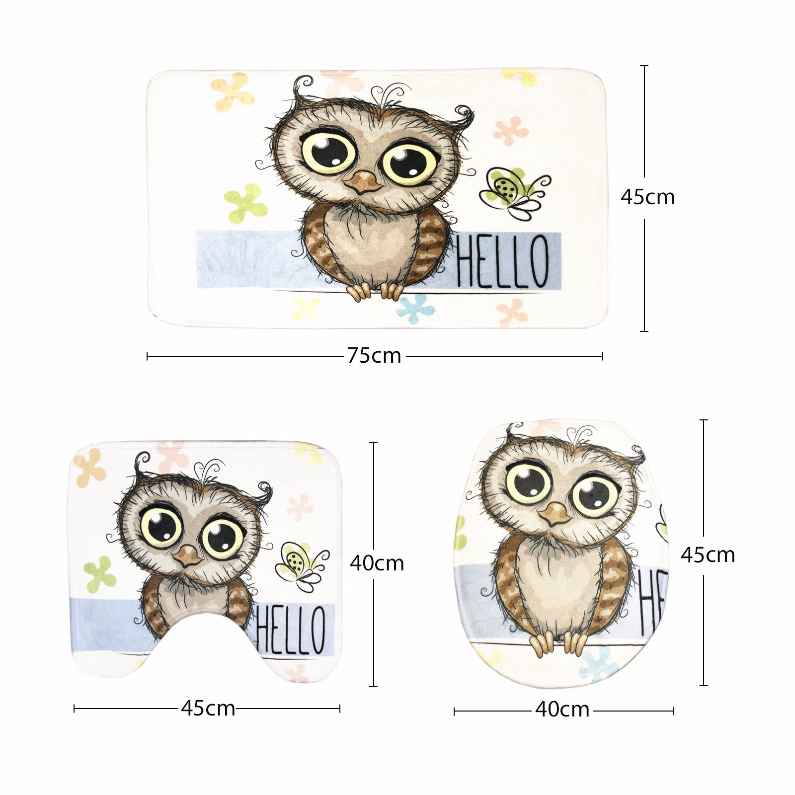 3-Piece Funny Cartoon Owl & Butterfly Bathroom Mat Set with Floral Design & Hello Message - Non-Slip Bath Mat, Contour Mat & Toilet Cover for Cozy Home Decor