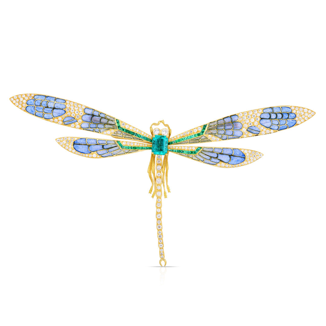 Exquisite Plique à Jour Emerald & Diamond Dragonfly Brooch – Vintage Jewelry for Women – Perfect for Weddings, Parties & Special Occasions