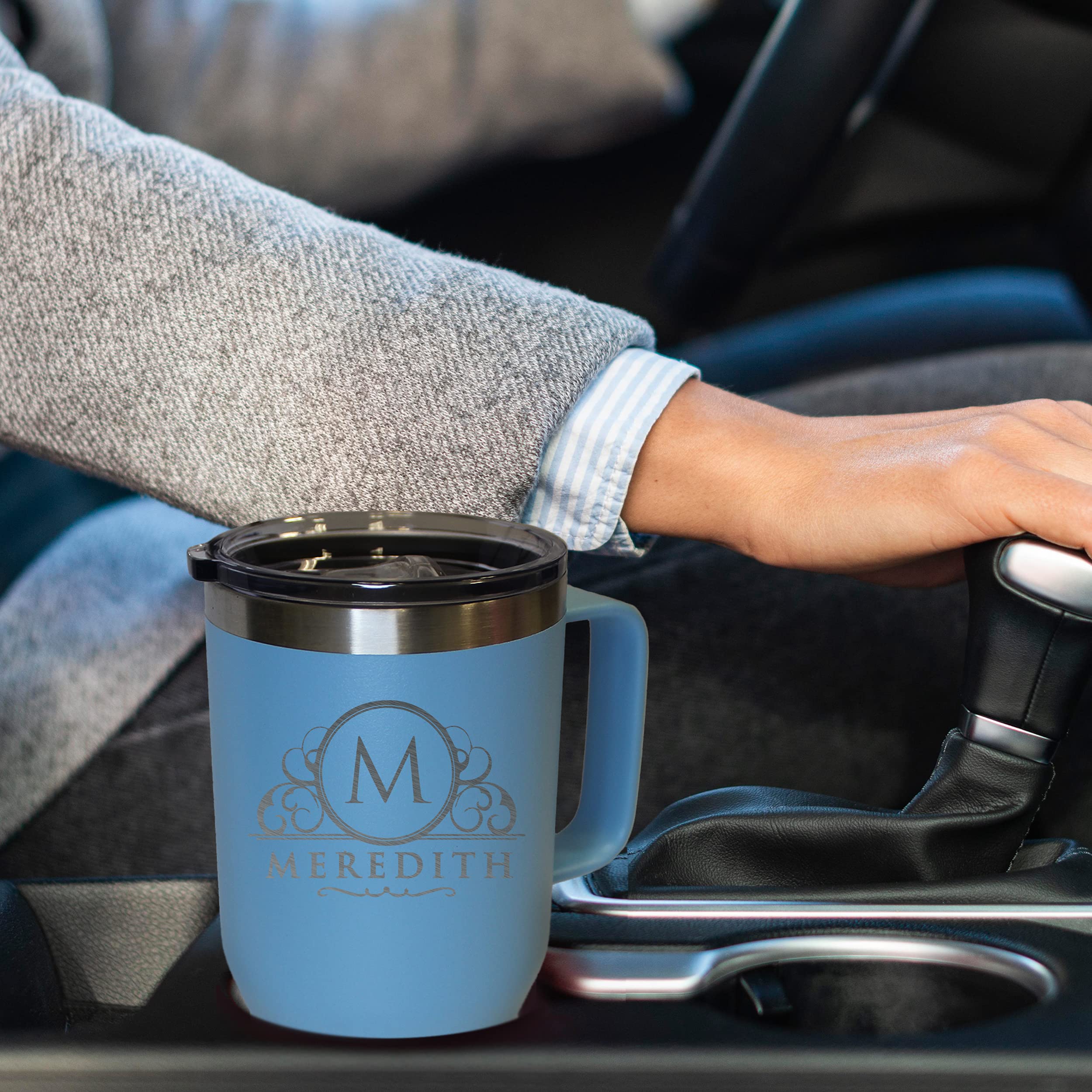 Custom Personalized 20oz Stainless Steel Powder Coated Vacuum Insulated Travel Tumbler - Double Wall Coffee Mug with Handle & Lid (Carolina Blue) - Perfect for Office, Camping & Commuting