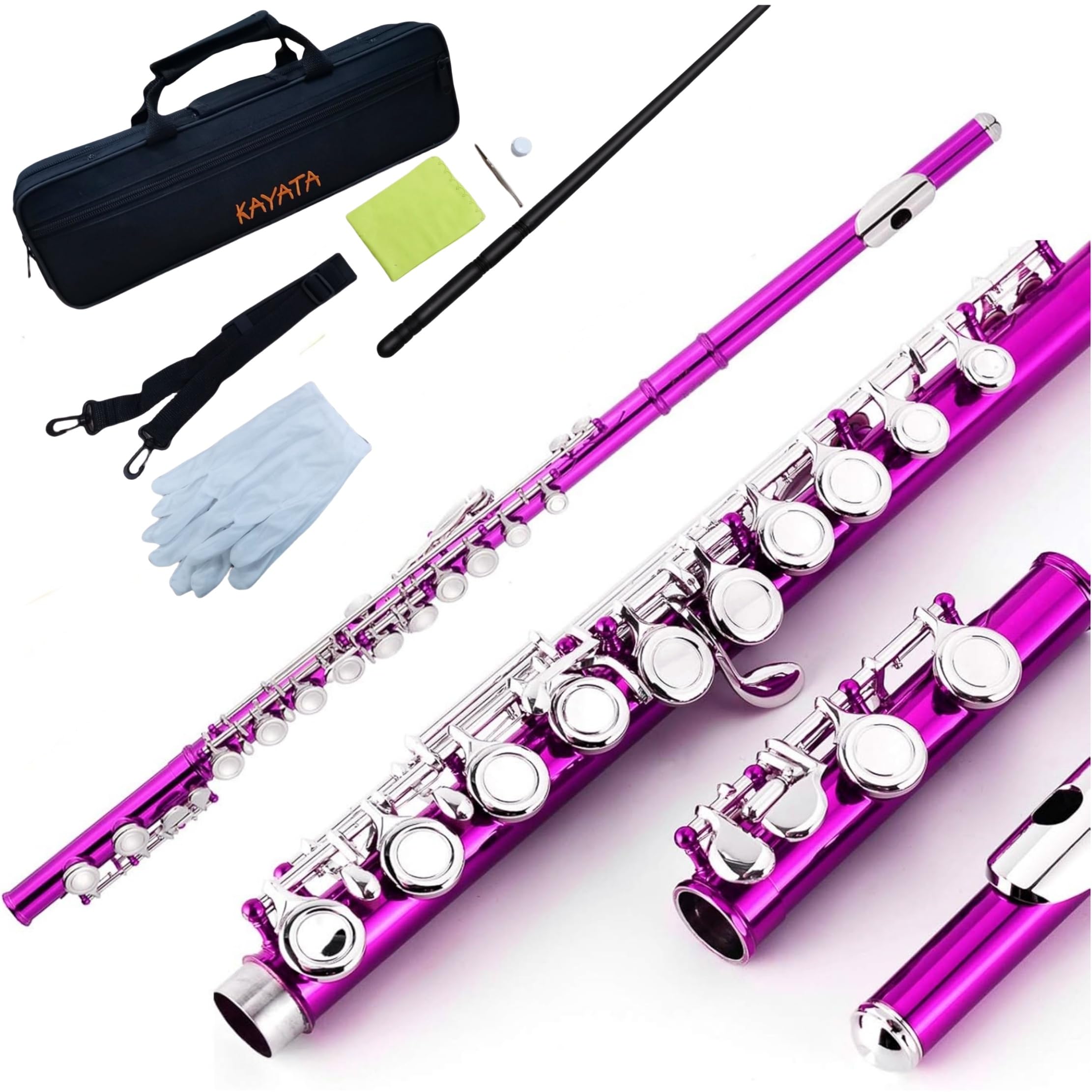 Pink C Flute - 16 Key Closed Hole Flute with Offset G Split E Mechanism | Includes Lightweight Canvas Case, Shoulder Strap, Cleaning Cloth, Joint Grease & Gloves | Perfect for Beginners, Students & Professional Performers