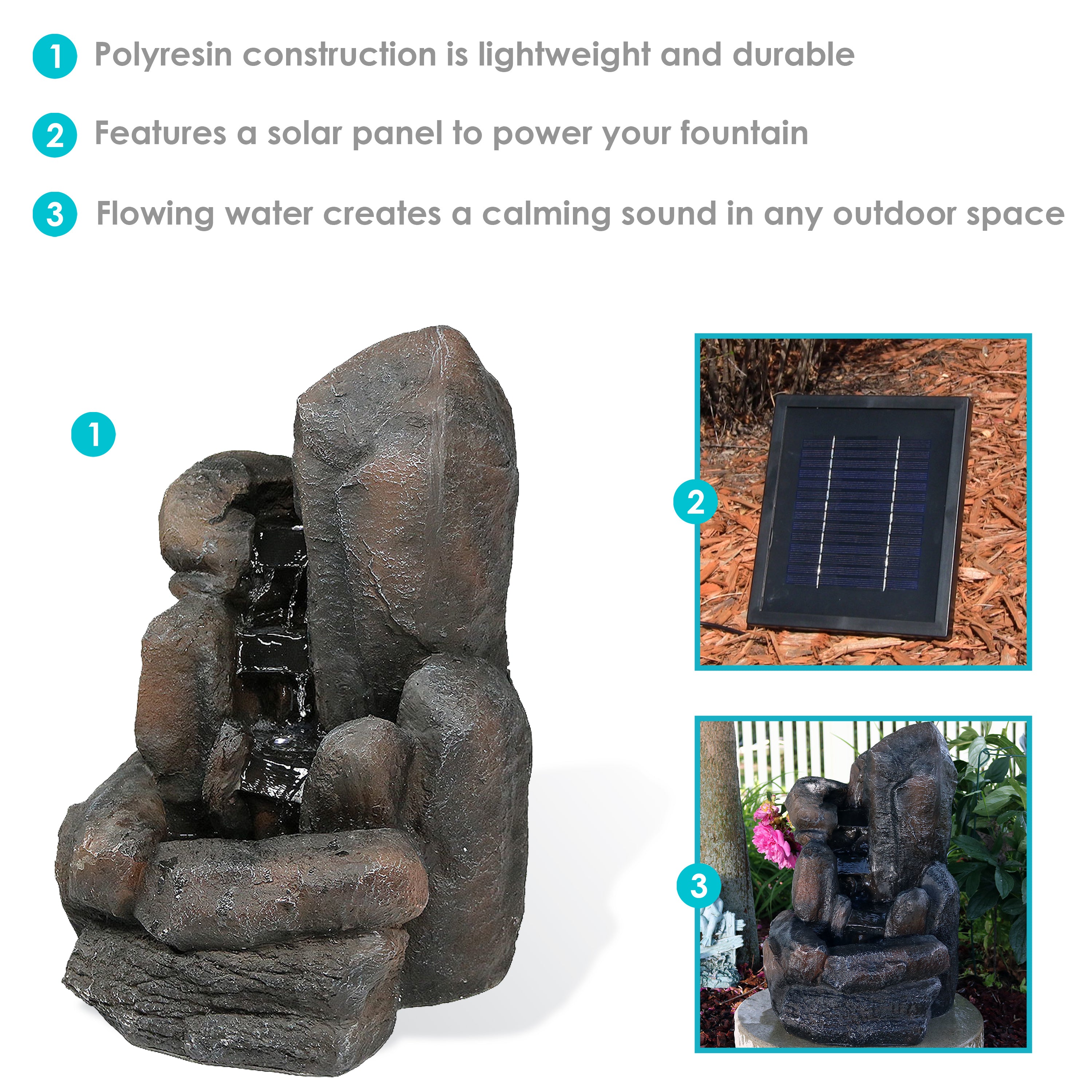Sunnydaze Rock Falls Solar Outdoor Water Fountain with Battery Backup - Decorative Garden Fountain for Patio, Yard, and Landscaping - Relaxing Water Feature for Outdoor Spaces