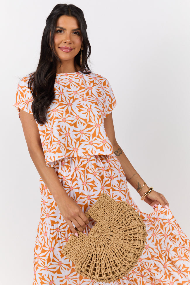 Stylish Orange Multi Floral Print Two Piece Skirt Set for Women | Casual Dinner Outfit & Summer Party Dress | Perfect for Date Nights, Brunch, and Outdoor Events