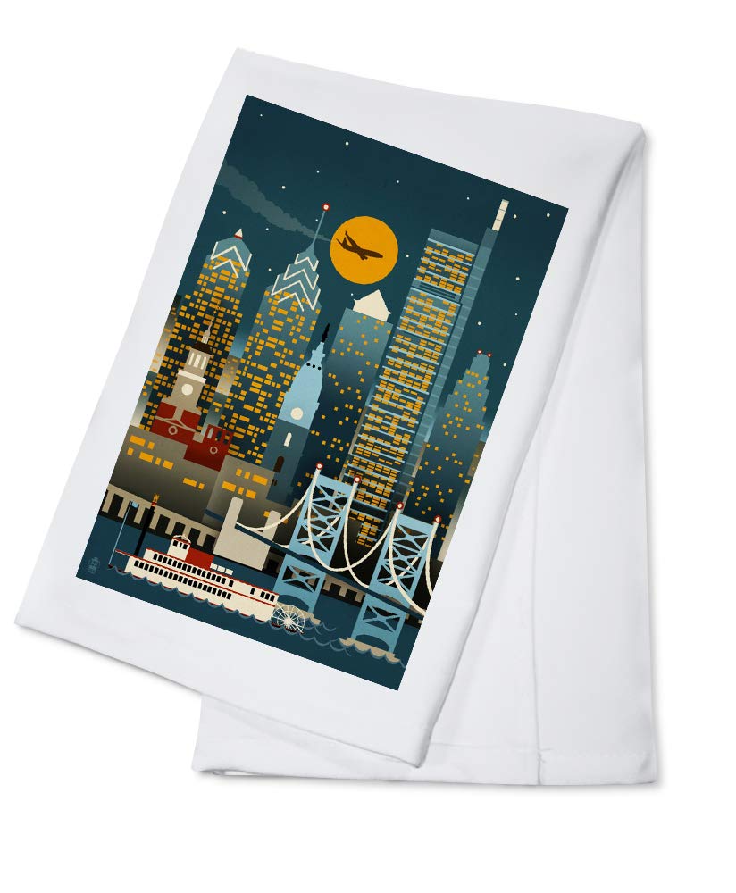 Lantern Press Philadelphia Pennsylvania Retro City Skyline Cotton Tea Towel - 100% Cotton Decorative Hand Towel for Kitchen, Home Decor & Gift - Perfect for Dish Drying, Wall Art, and Vintage Style Decor