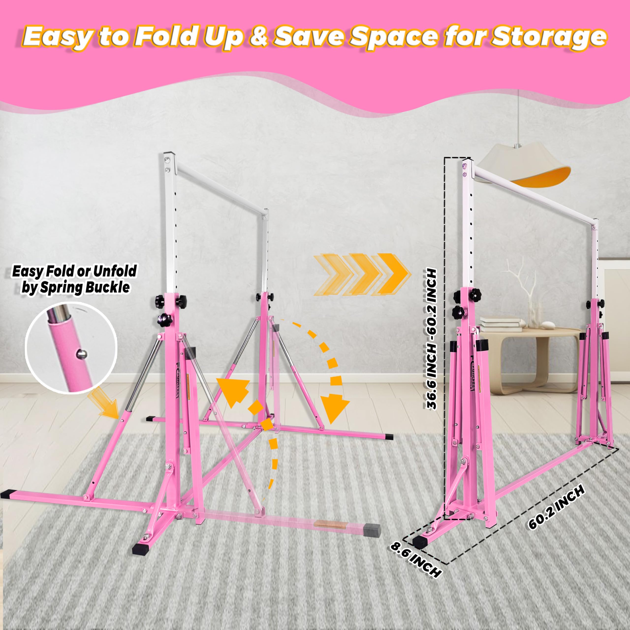 Foldable Gymnastics Bar for Kids - 5FT Adjustable Horizontal Training Bar with Triangle Stable Structure - Home Gym Equipment for Ages 3-15 - Perfect for Indoor Gymnastics Practice, Strength Training & Playtime