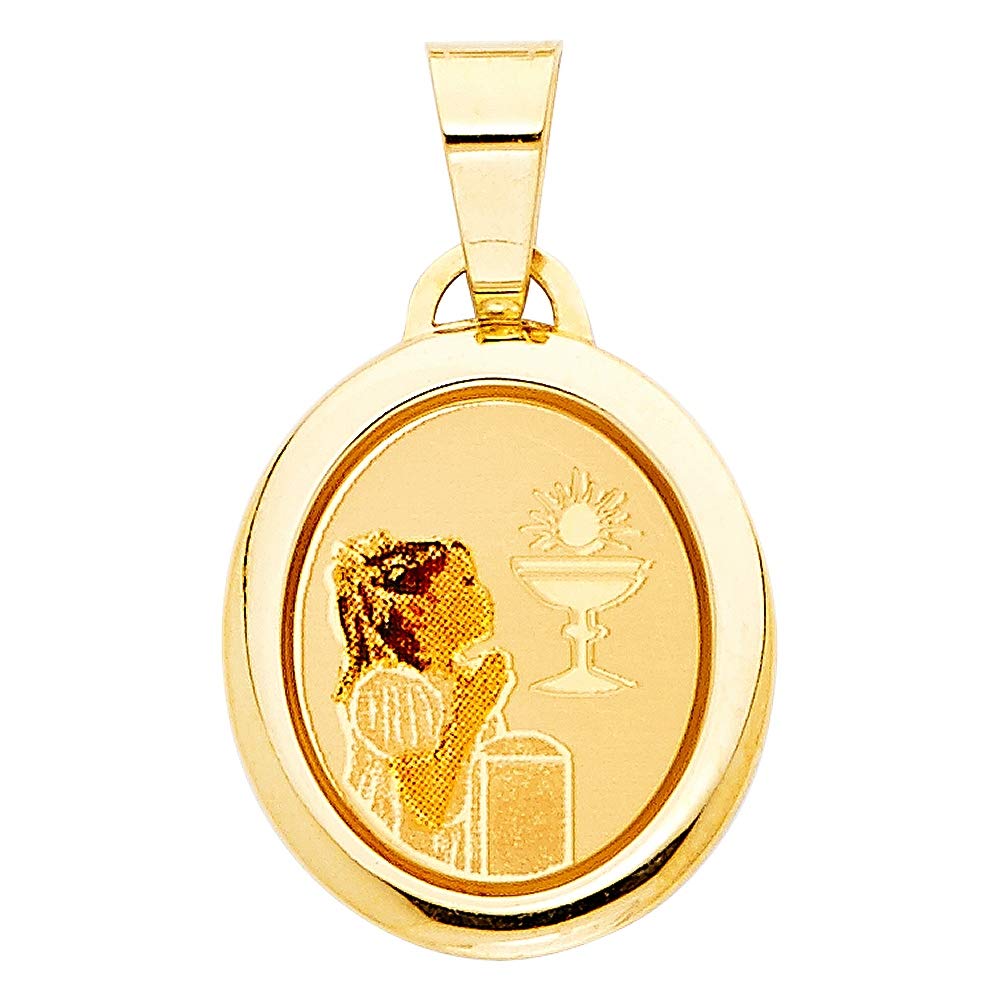 14K Yellow Gold First Communion Picture Medal Pendant Necklace - Religious Jewelry Gift for Girls & Women - Perfect for Baptism, Confirmation & Special Occasions
