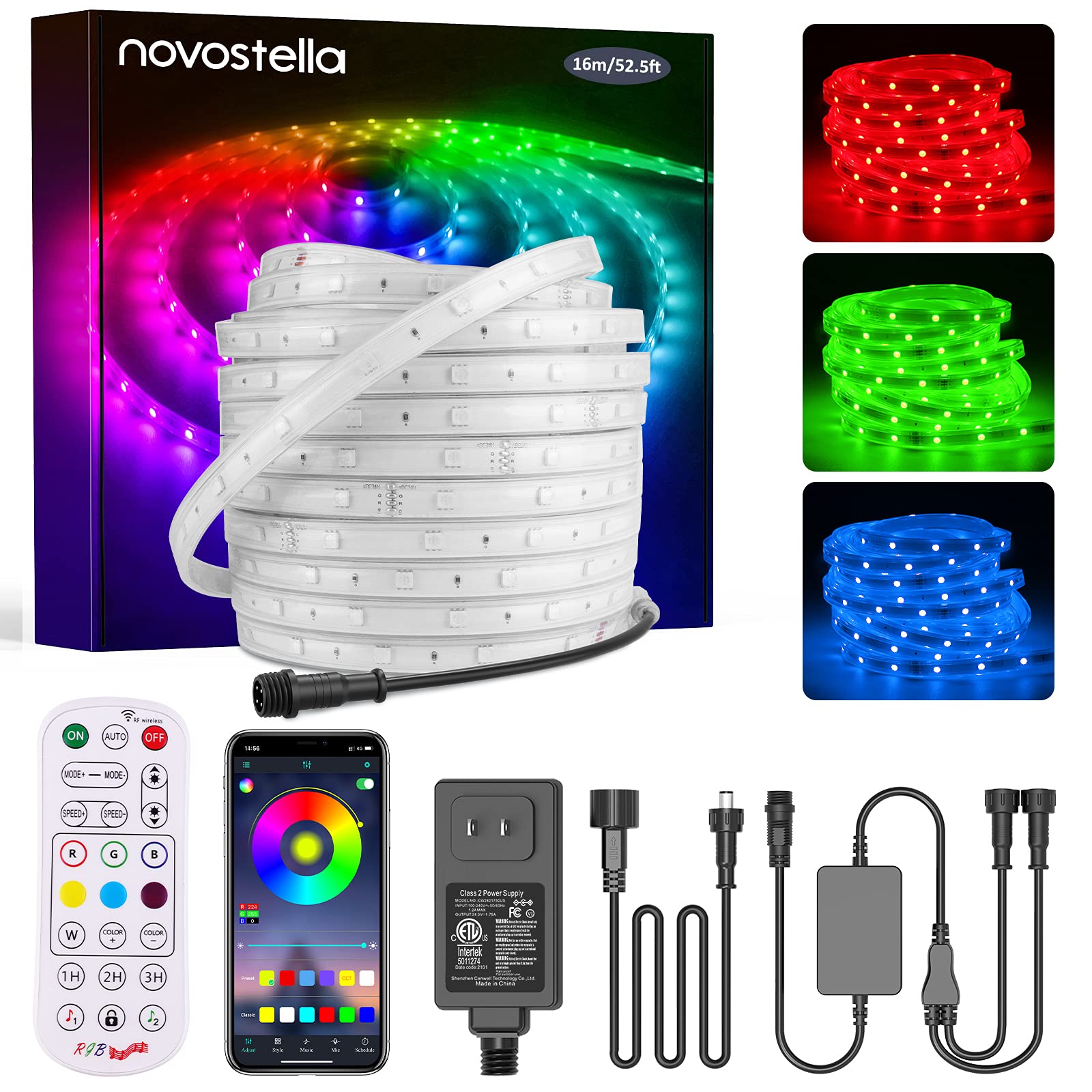 Novostella 52.5ft Smart LED Outdoor Rope Light - Music Sync RGB Strip Lights with App & RF Remote Control, 24V IP65 Waterproof Color Changing Dimmable Exterior Lighting Kit for Garden, Stairs, Party, Christmas, Halloween, and Landscape Decoration