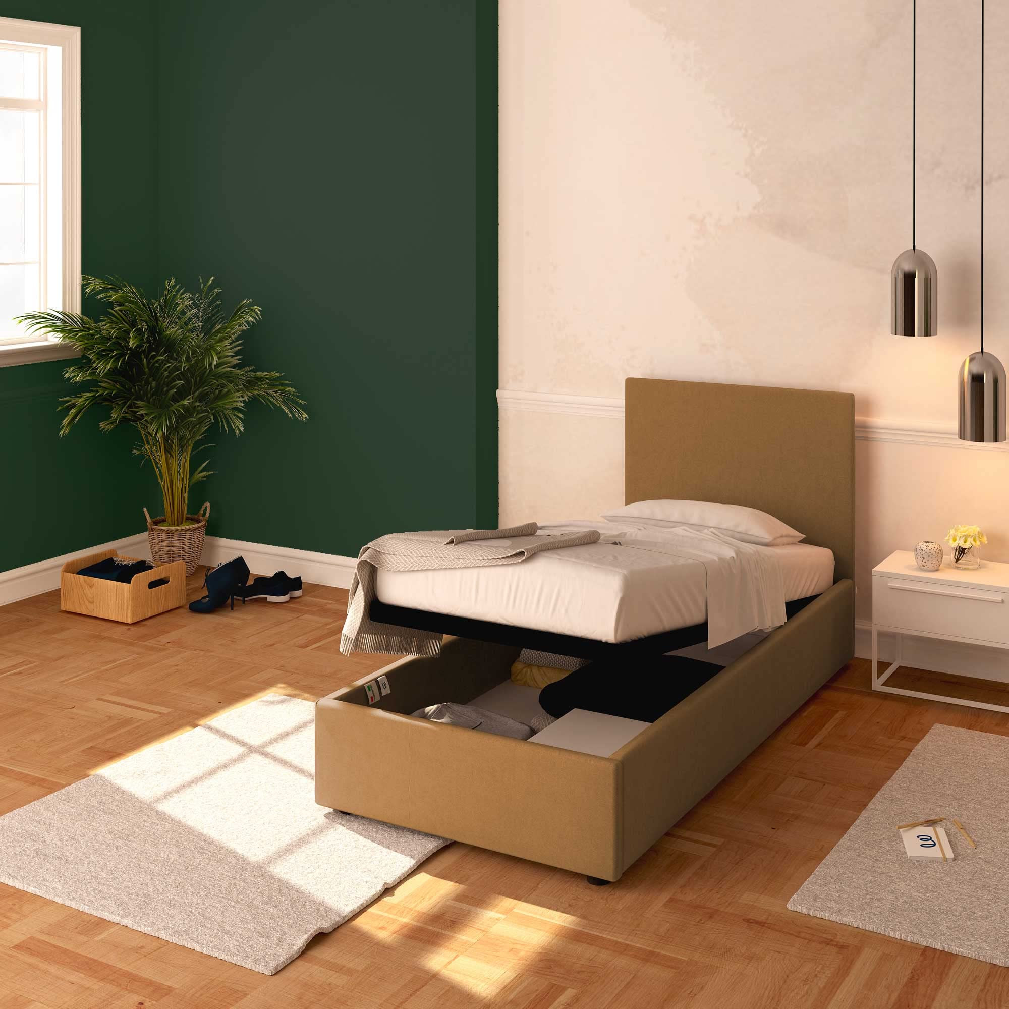Baldiflex Rossano Single Bed Frame with Storage, Synthetic Leather Upholstery, Slatted Base for Single Mattress, 90 x 200 cm, Elegant Headboard, Light Brown - Perfect for Small Bedrooms, Guest Rooms & Studio Apartments