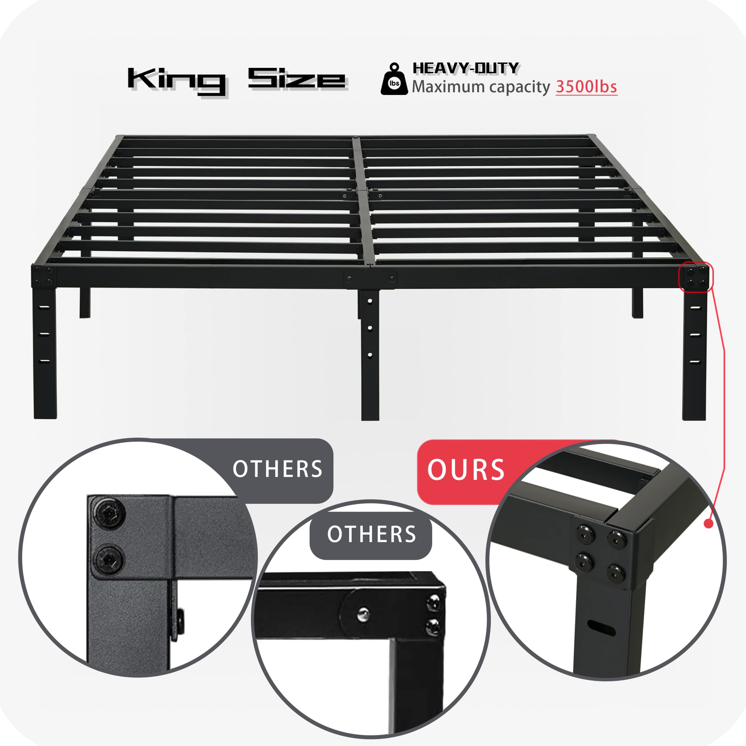 14 Inch King Size Bed Frame - Heavy Duty Steel Slat Support for 3500 lbs, Noise-Free Metal Platform Bed with Easy Assembly, No Box Spring Required - Perfect for Master Bedroom, Guest Room & Dorm (Black)