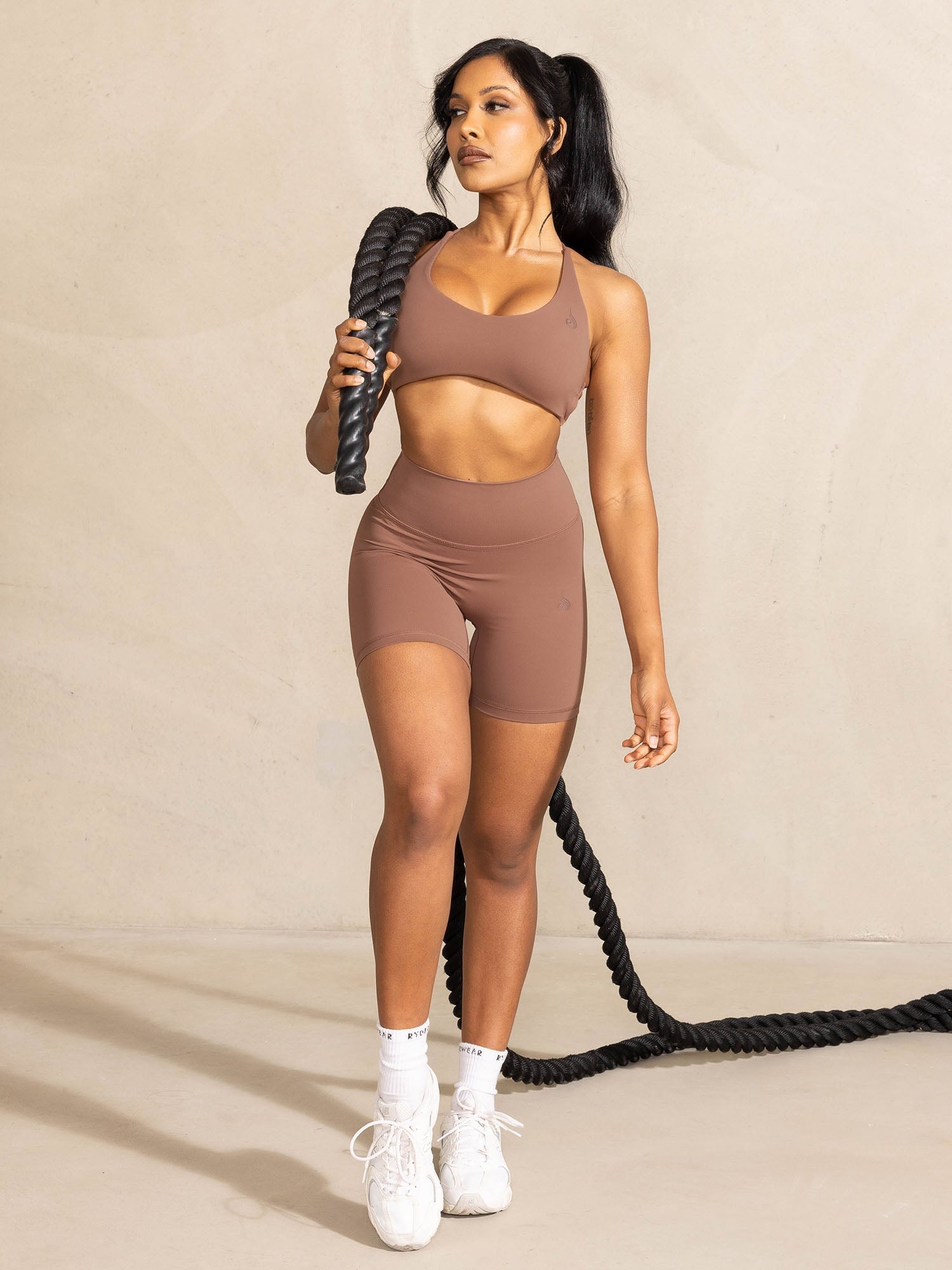 High Waisted Scrunch Butt Lifting Shorts for Women - Mocha - Comfortable Workout & Lounge Shorts for Yoga, Running, and Casual Wear