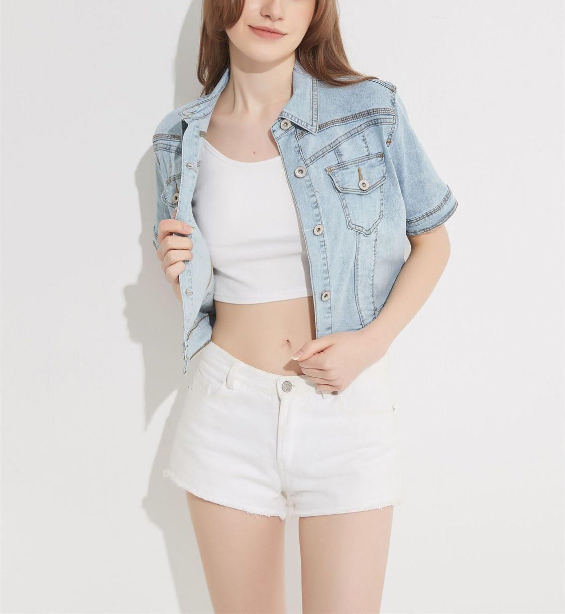Women's Stretch Denim Jacket - Short Sleeve Button Down Jean Jacket with Shawl Collar | Casual Outfit Essential for Spring & Summer Fashion