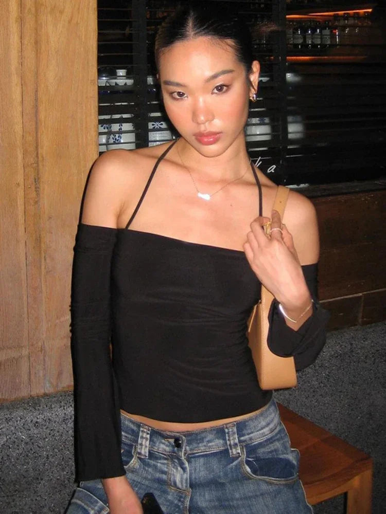 2000s Y2K Women's Halter Neck Slash Neck Long Sleeve Fitted Shirt - Green & Black Tee | Korean Style Fashion Top | Perfect for Casual Wear, Street Style & Retro Outfits