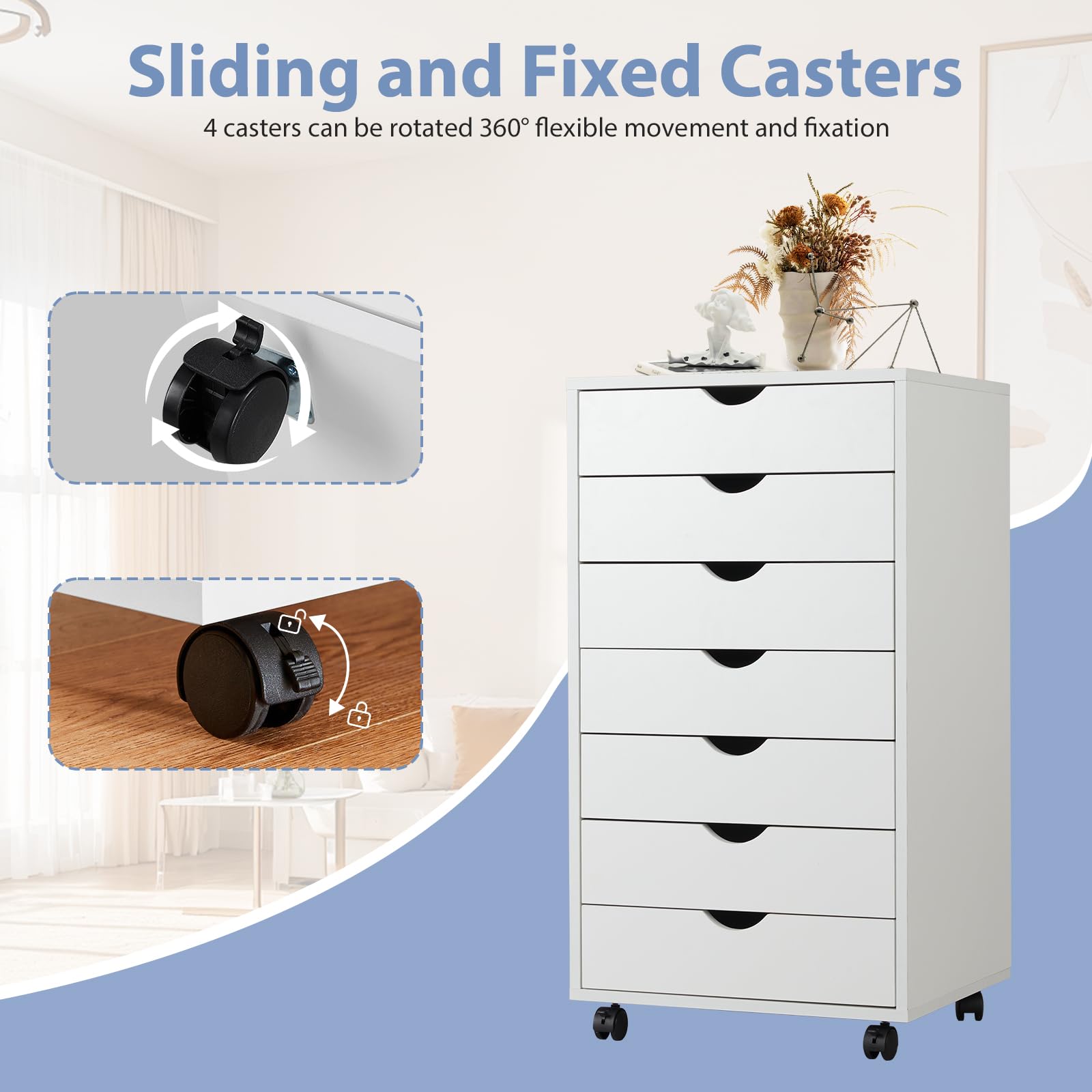 7-Drawer Wooden File Cabinet with Lockable Wheels - Mobile Printer Stand & Under Desk Storage Dresser for Home Office, Study, or Dorm Room Organization - White Office Furniture