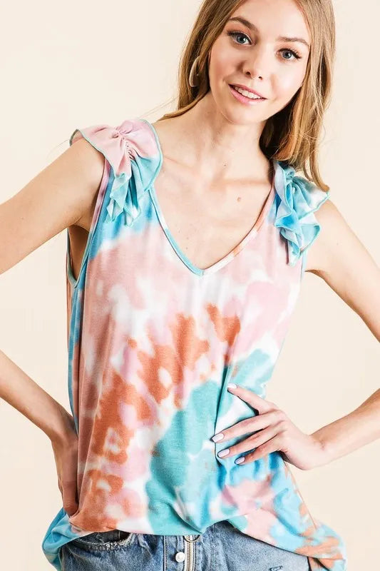 BiBi Circular Tie Dye Knit V Neck Top With Ruffle - Stylish Boho Women's Blouse for Summer, Beach, and Casual Outings