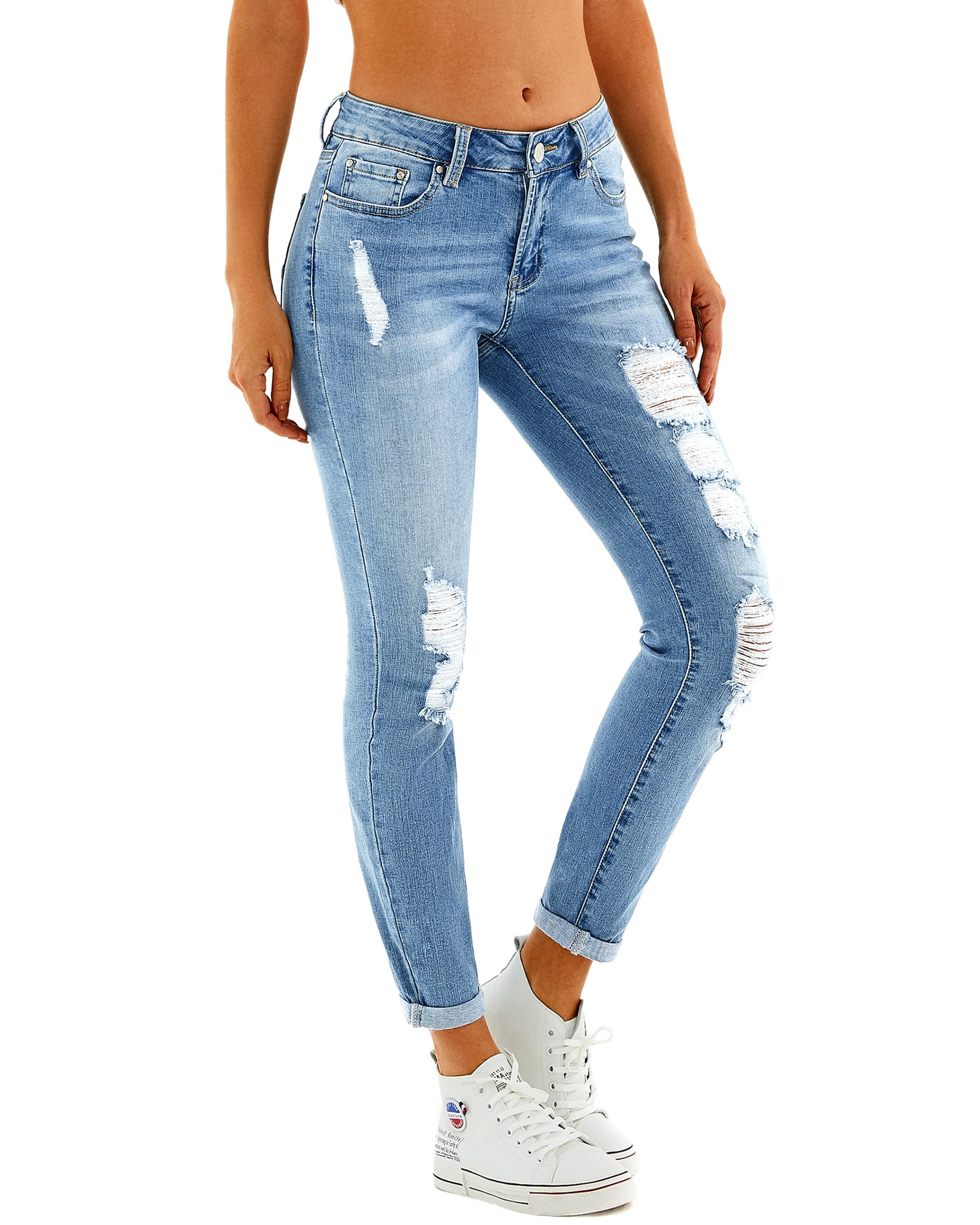 RHODANTHE Women's Ripped Boyfriend Jeans - Stretch Skinny Distressed Denim with Holes | Trendy Straight Leg Jeans for Casual Outfits & Street Style Fashion