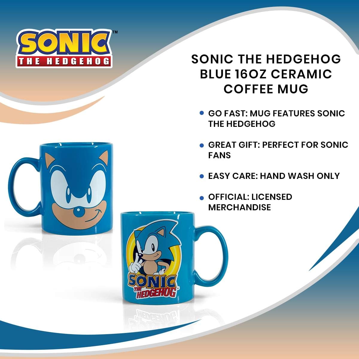 Sonic The Hedgehog Blue 16oz Ceramic Coffee Mug - Gift for Gamers & Collectors - Perfect for Home, Office, or Gaming Room Use