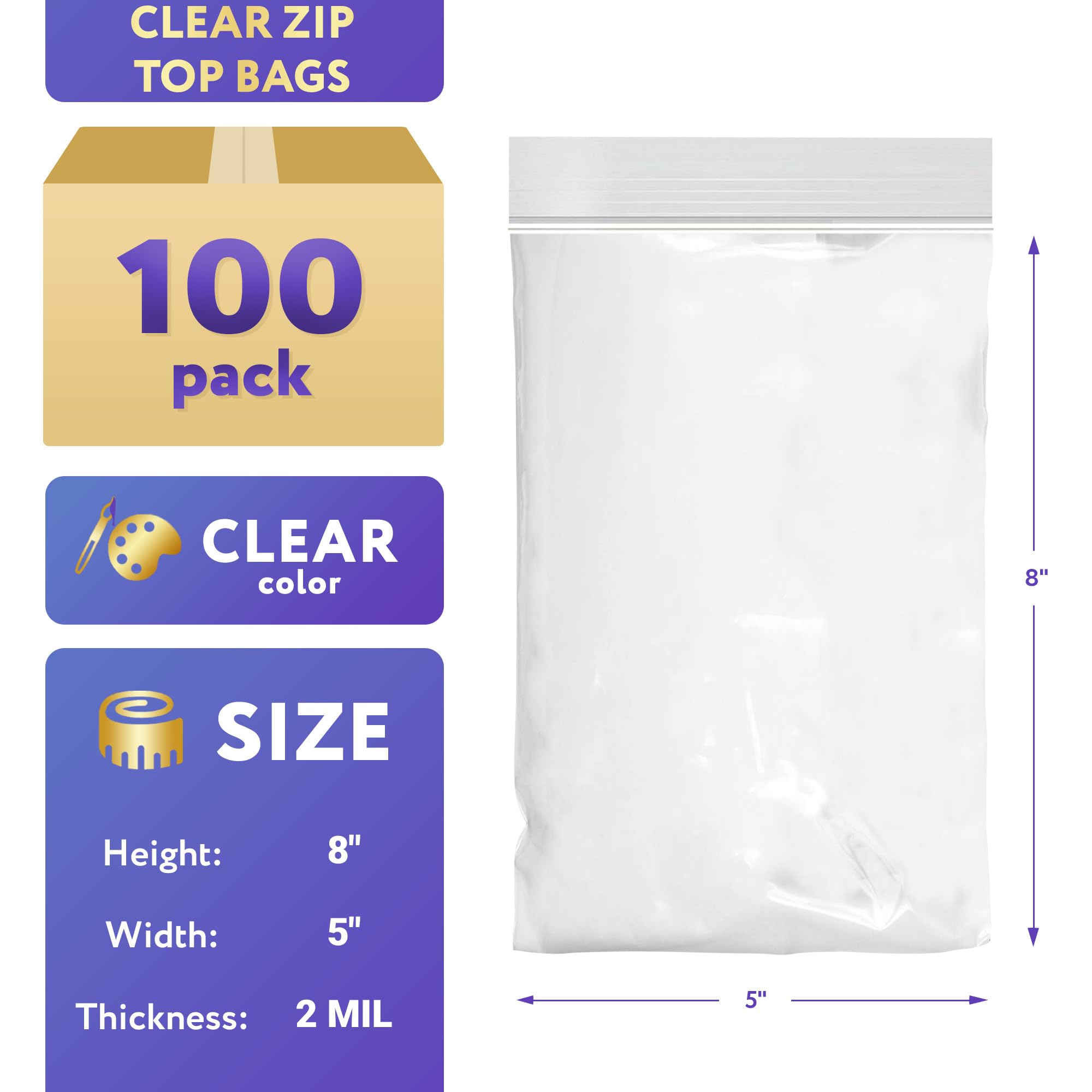 100 Pack 5x8 Inch Clear Reclosable Zipper Bags - 2 Mil Thick Waterproof Plastic Storage Bags for Jewelry, Crafts & Industrial Use | Durable Zipper Closure for Organizing Small Items