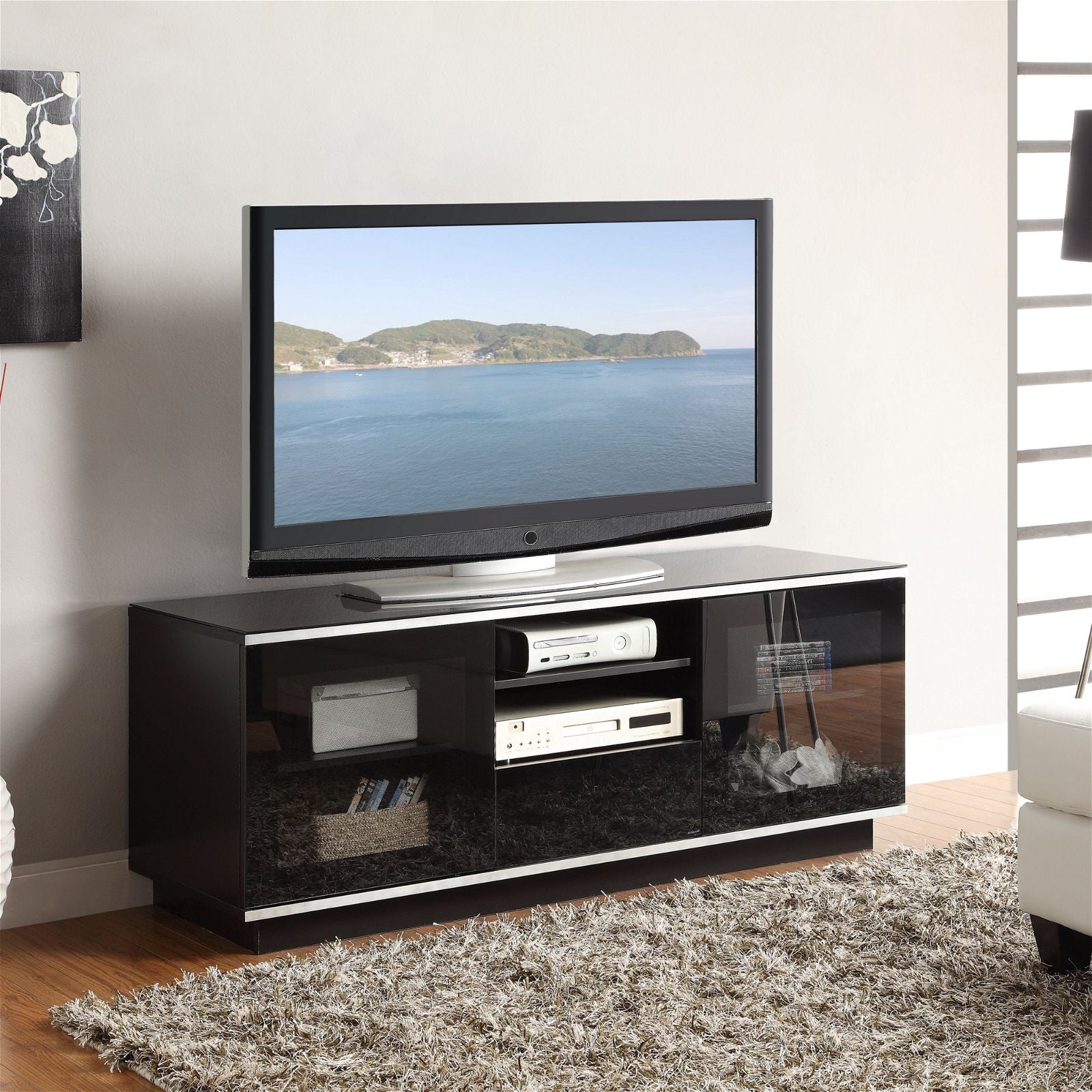 TITAN 1500 Black TV Stand Entertainment Center with Storage Shelves - Perfect for Living Room Home Theater Setup