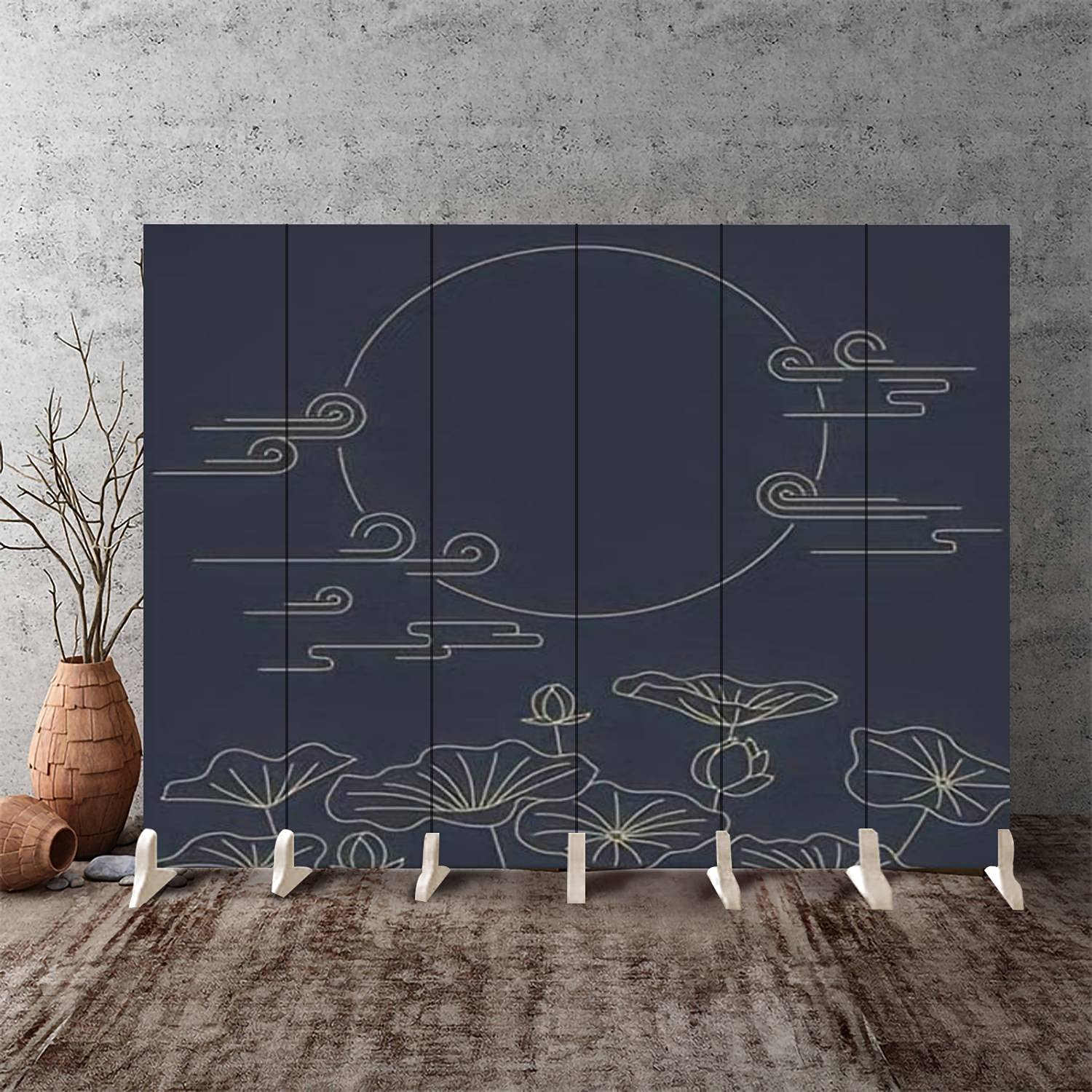 Korean Traditional Moon & Lotus Canvas Room Divider - 6 Panel Folding Privacy Screen for Bedroom, Office & Living Space | Hand-Painted Floral Partition Wall Decor | Home & Studio Space Separator