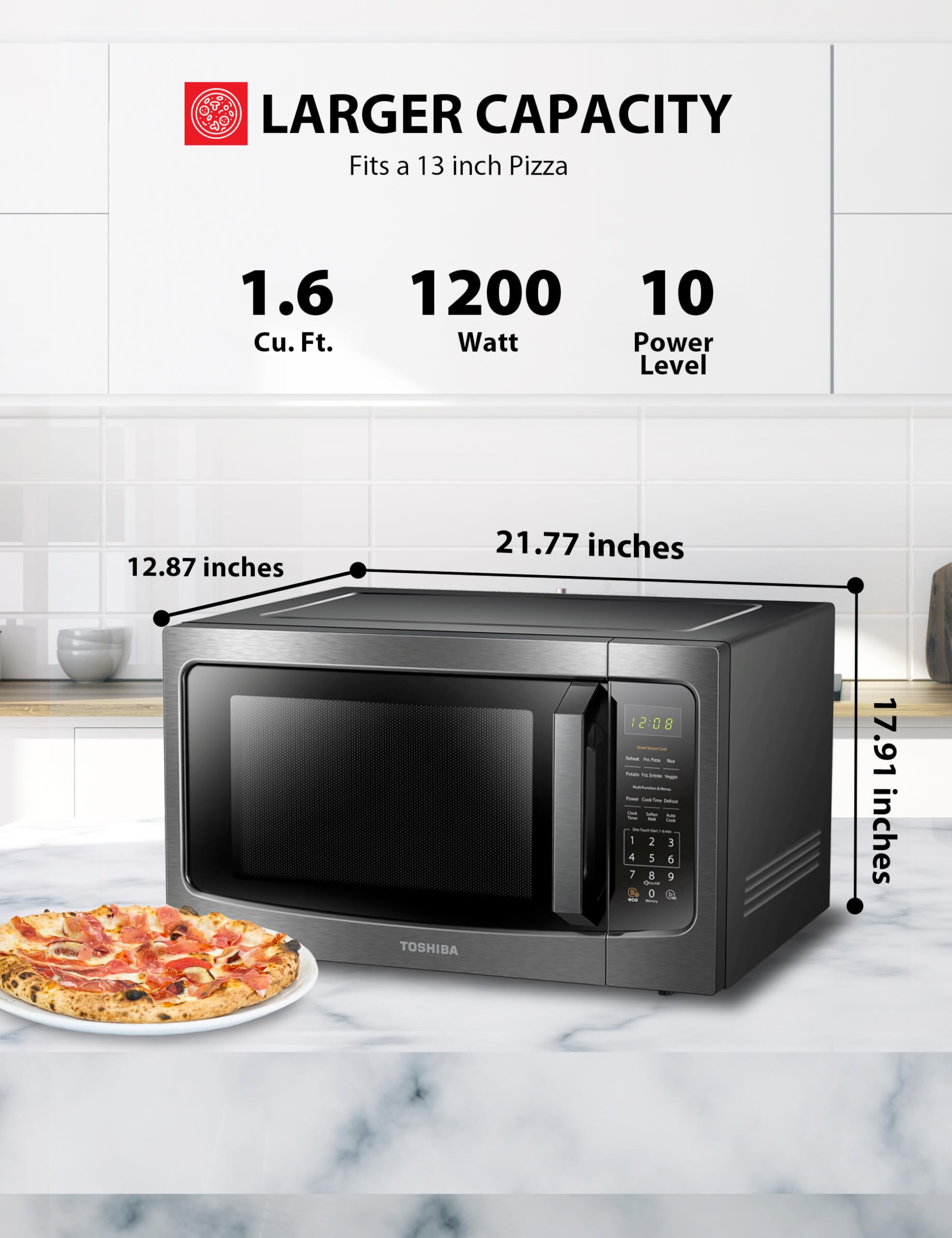 TOSHIBA ML-EM45P(BS) 1.6 Cu.ft Smart Sensor Microwave Oven - 1200W Countertop Microwave with Position Memory Turntable, 13.6