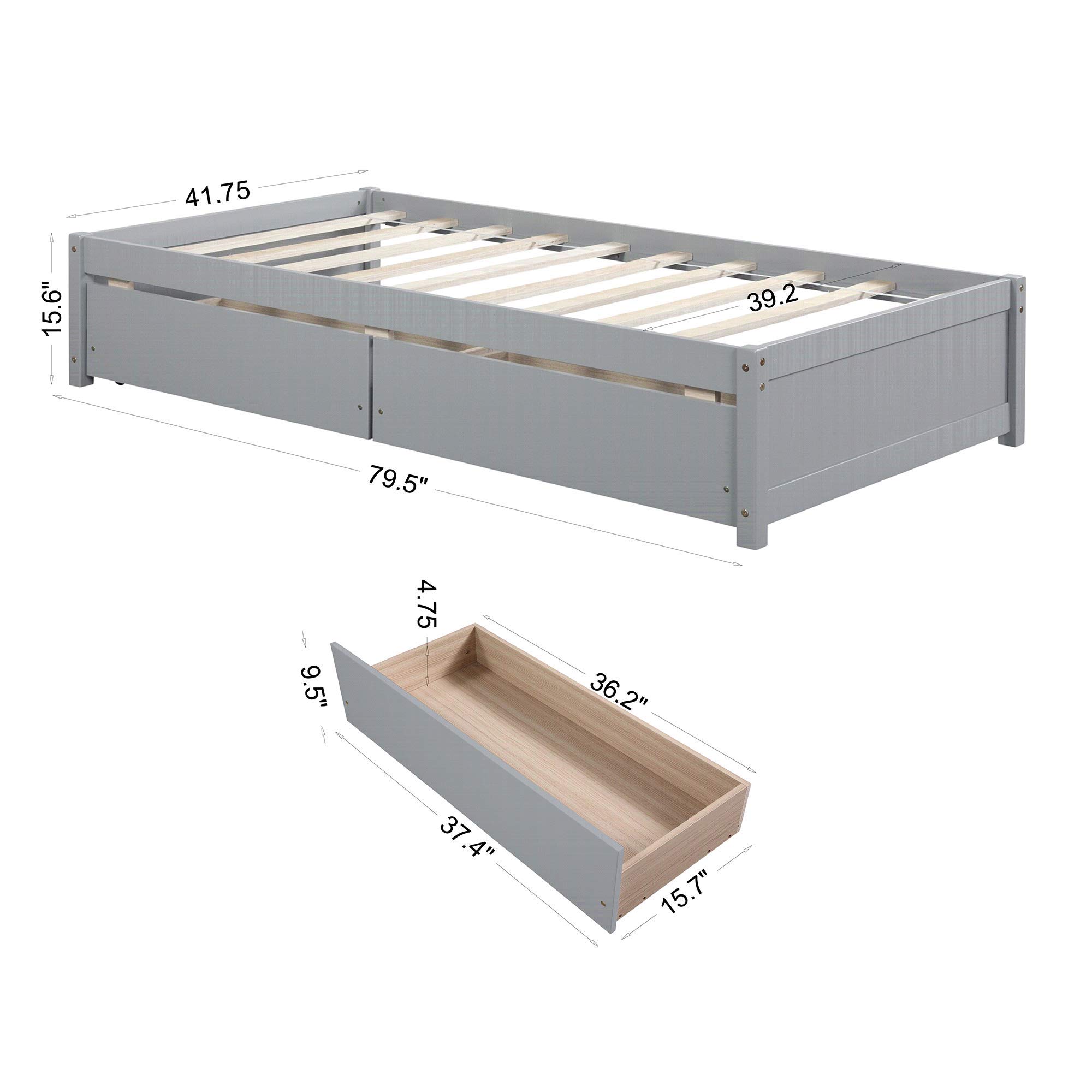 Twin Size Wooden Loft Bed Frame with Storage Drawers & Slats - Platform Captain Bed for Kids, Teens, Boys & Girls - Gray No Headboard - Perfect for Small Bedrooms, Guest Rooms & Dormitories