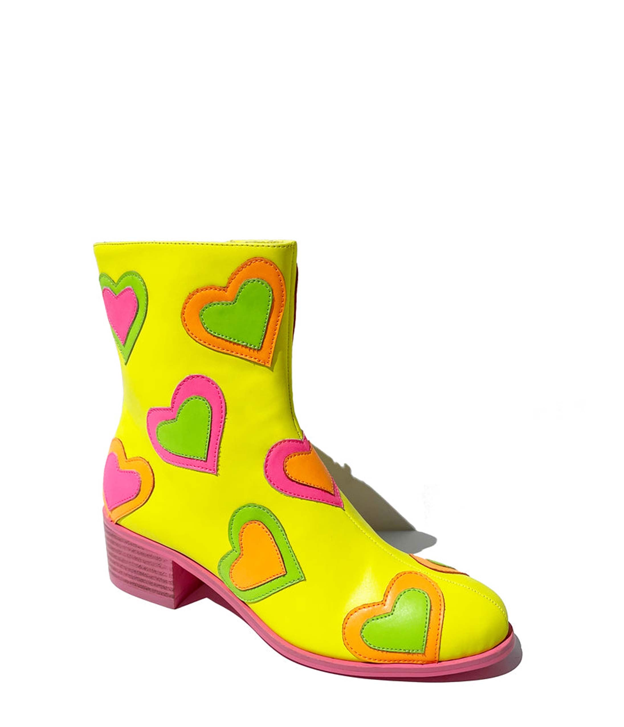 Neon Yellow & Rainbow Heart Print Ankle Boots for Women - Trendy Platform Heels for Parties, Concerts & Festivals