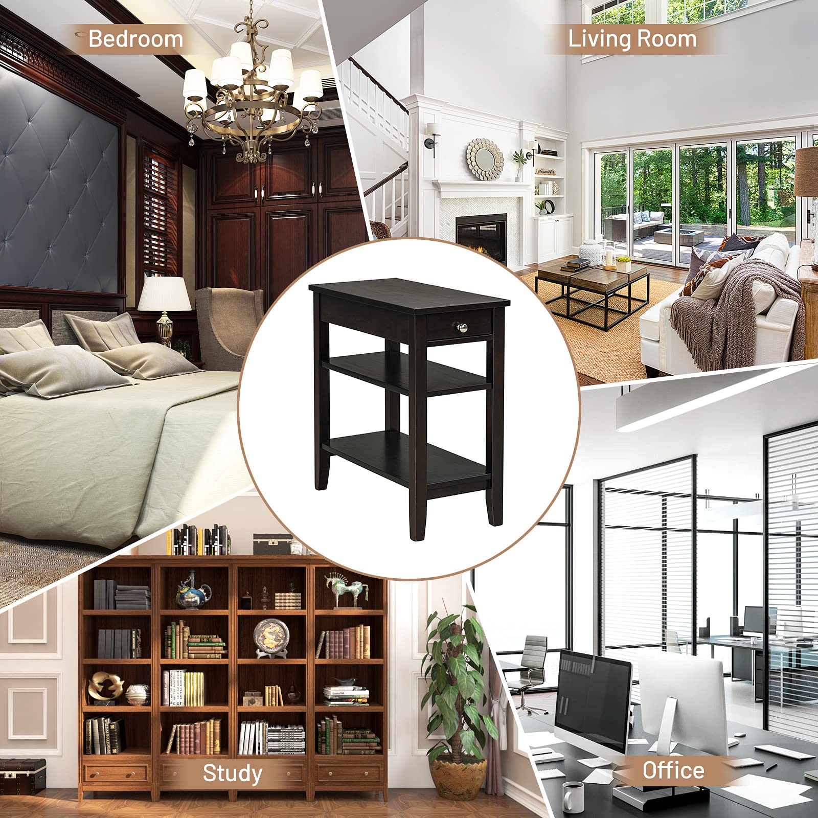 Giantex Set of 2 Narrow End Tables with Drawer & 2-Tier Open Shelves - Compact Nightstand for Bedroom, Living Room | Small Space Furniture in Espresso Finish | Perfect for Apartments, Dorms & Cozy Spaces