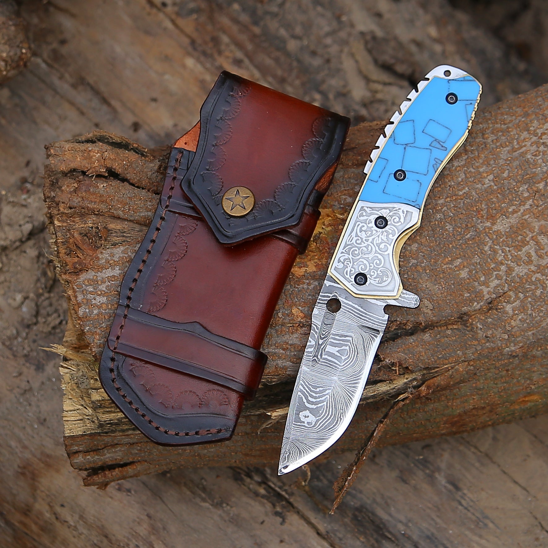 Premium Damascus Steel Folding Knife with Turquoise Resin Handle - EDC Pocket Knife for Camping, Hiking & Outdoor Adventures