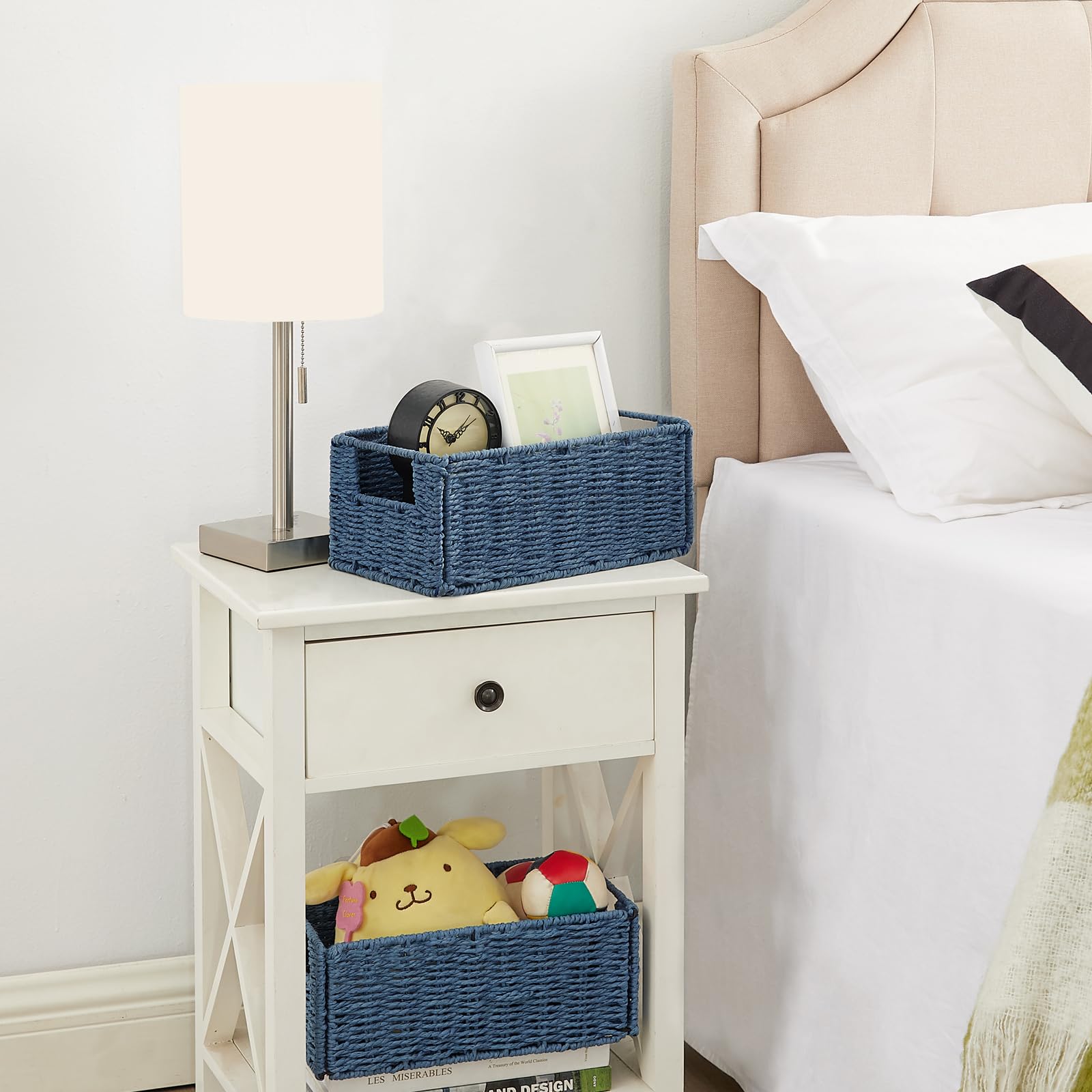 Vagusicc Wicker Storage Basket Set of 2 - Handwoven Paper Rope Baskets for Organizing Toilet Paper, Foldable Cube Storage Bins for Shelves - Perfect for Bathroom, Bedroom & Home Organization (Blue)