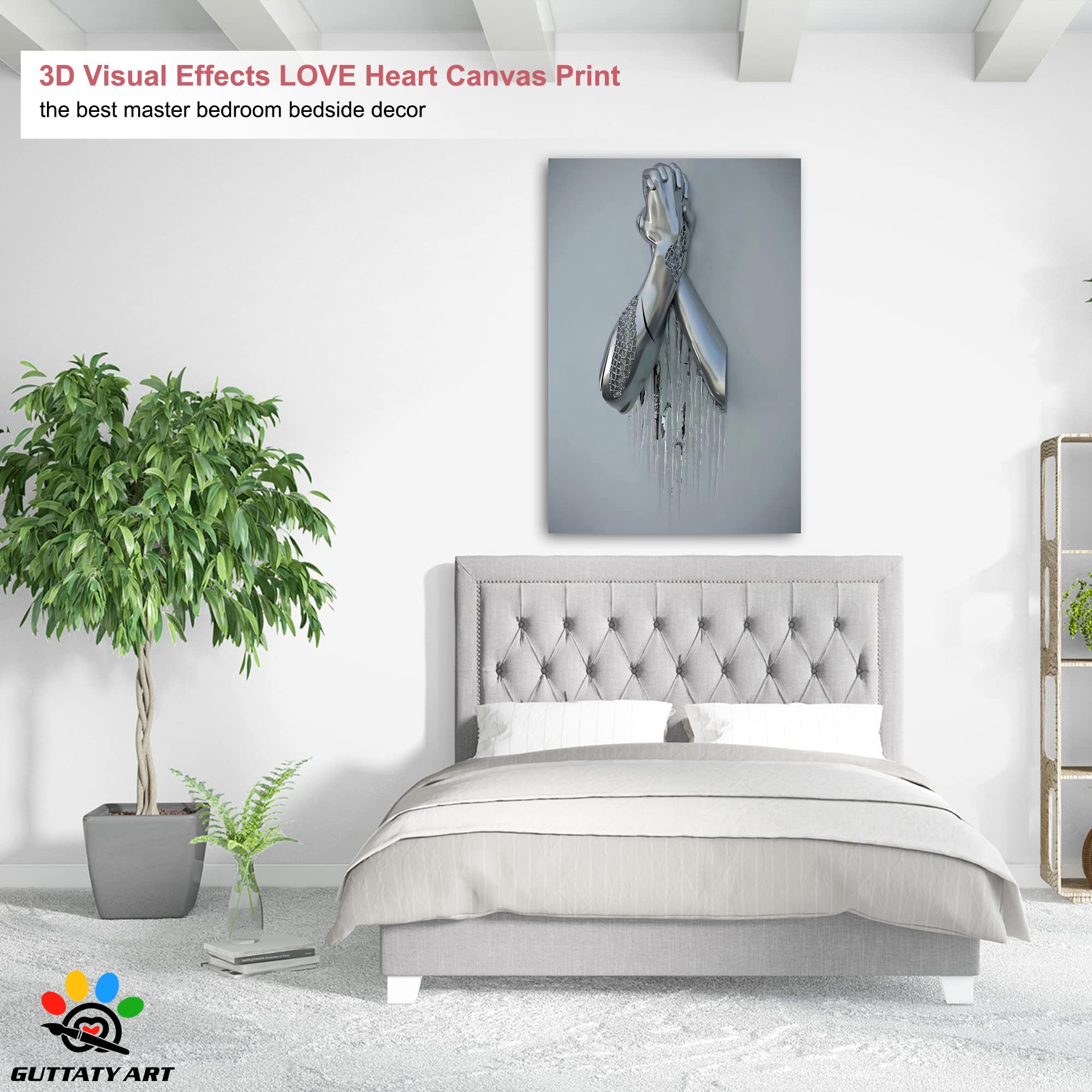 3D Metal Effect Silver Handshake Canvas Wall Art - Modern Framed Wall Decor for Bedroom & Living Room - Valentine's Day Gift for Couples - 32x48 Inches - Perfect for Home Office Decor & Wedding Anniversary Presents