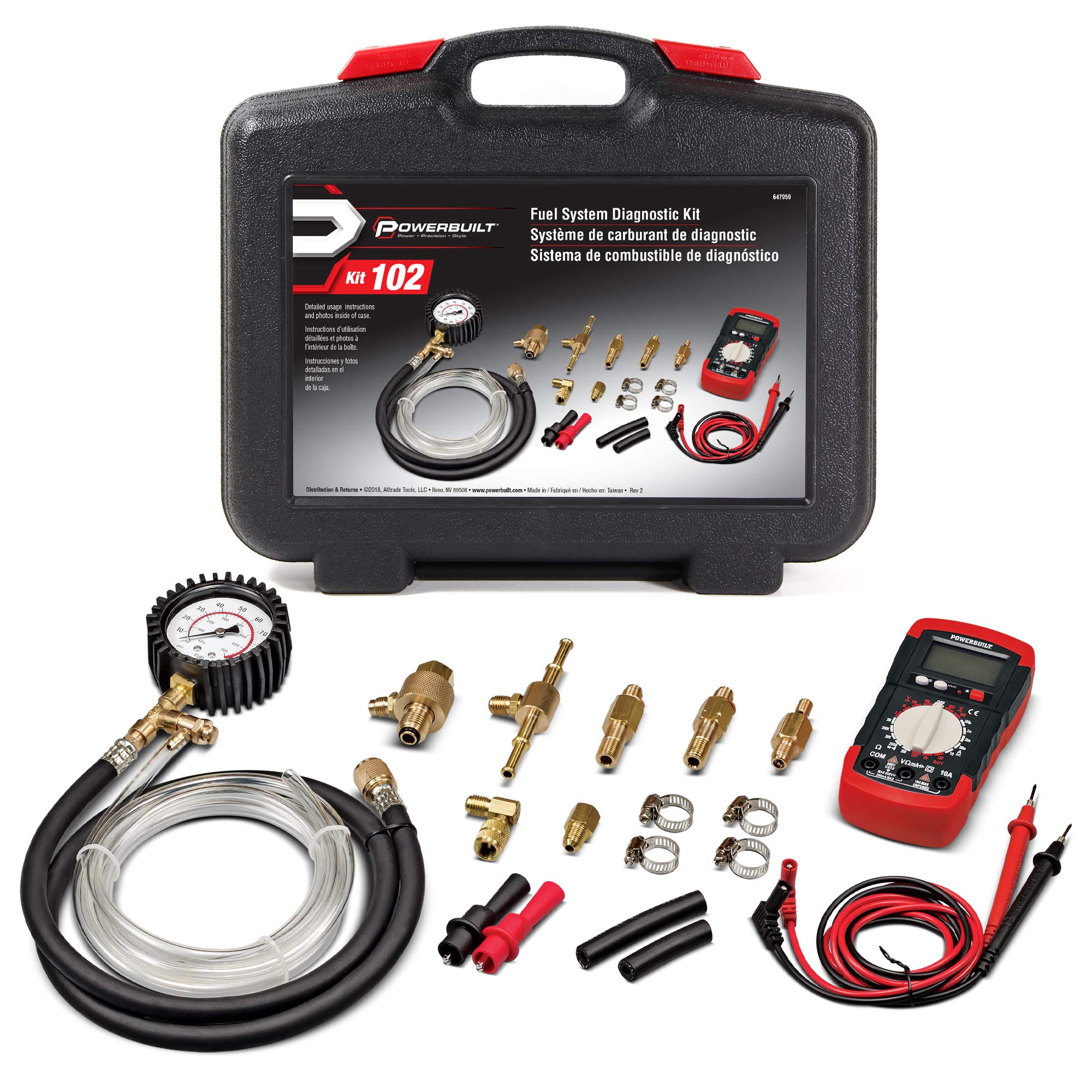 Powerbuilt 647959 Fuel System Diagnostic Kit with Pressure Test Gauge, Electrical System Tester, Adapters, Test Leads & Multimeter - Complete Automotive Diagnostic Toolset for Engine Performance Testing & Electrical Issues (Ideal for Mechanics & DIY Car Repairs)