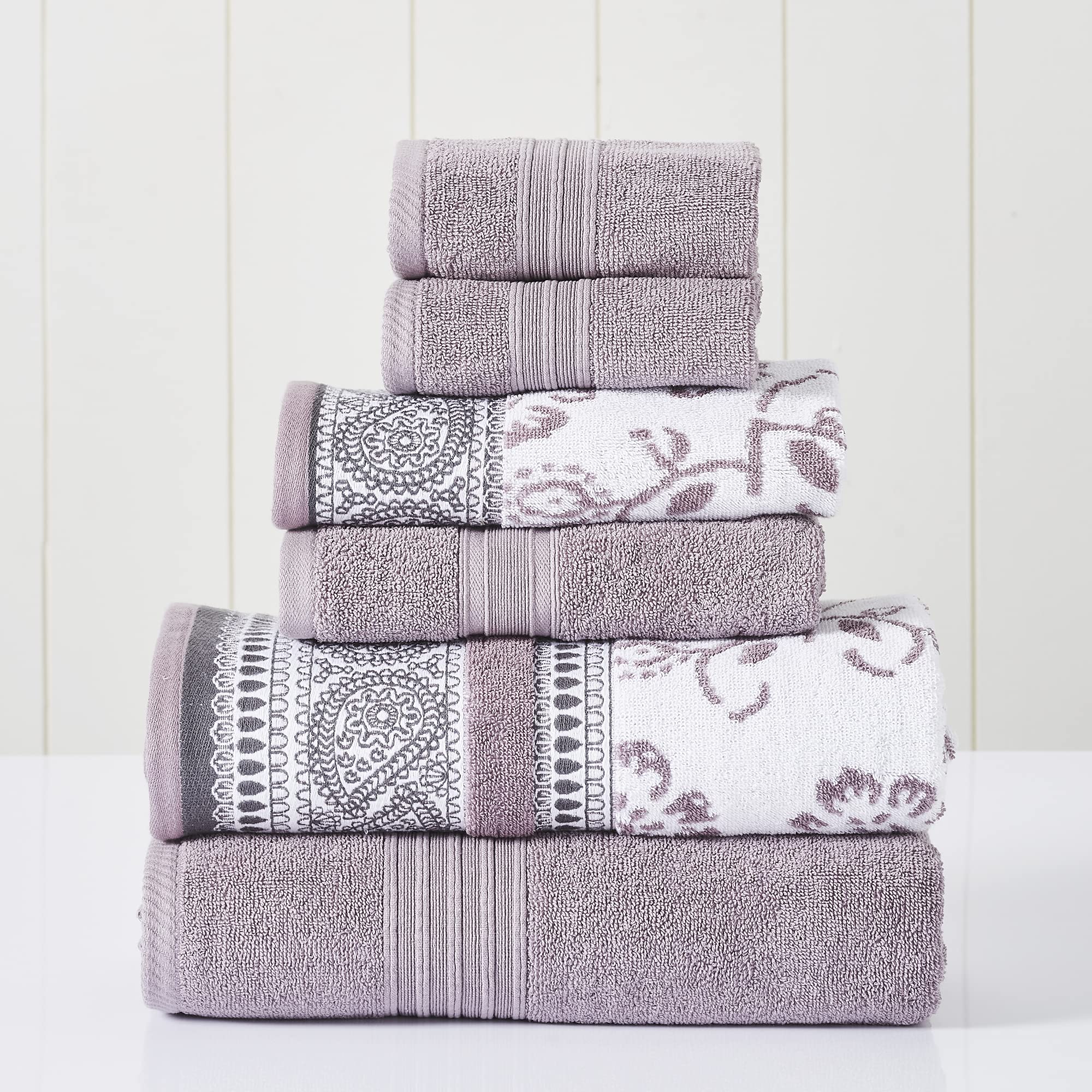 Premium 6-Piece Bath Towel Set - 2 Bath Towels, 2 Hand Towels, 2 Washcloths | Yarn-Dyed Jacquard & Solid Design in Ophelia Orchid | Soft & Absorbent for Spa, Bathroom & Guest Use