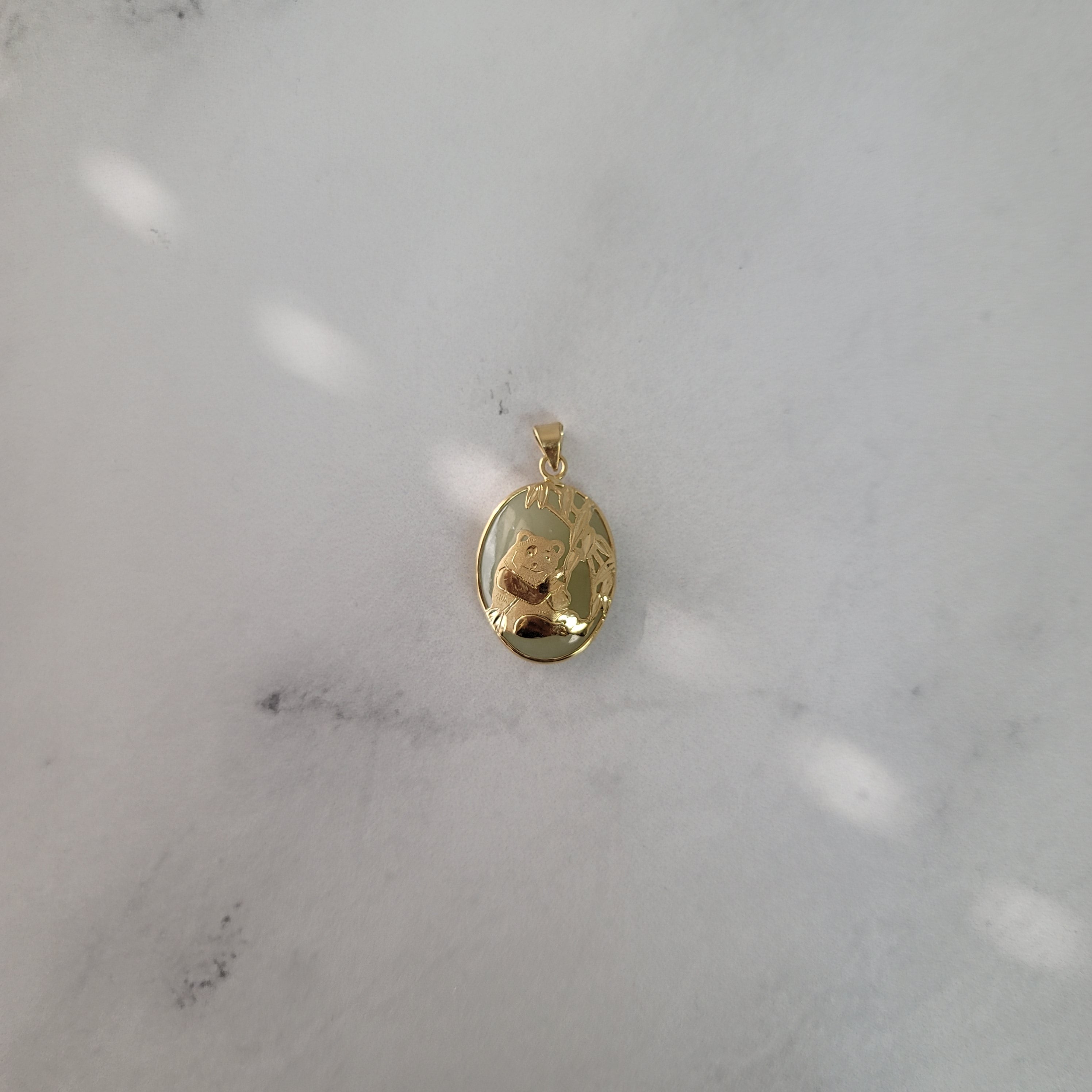 14K Yellow Gold Panda Design Oval Natural Green Jadeite Necklace - Elegant Jewelry Gift for Women, Perfect for Weddings, Parties & Special Occasions