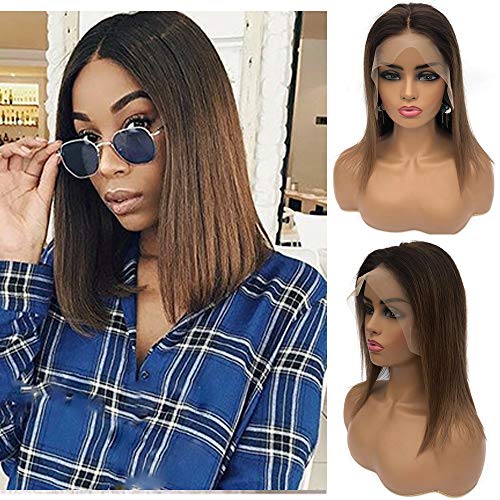 13x6 Lace Front Wig Human Hair - Ombre Ash Brown to Golden Blonde Straight Short Bob with Baby Hair | Pre-Plucked 150% Density Deep Part Bob Wigs for Women | Perfect for Daily Wear, Parties, Cosplay & Special Occasions