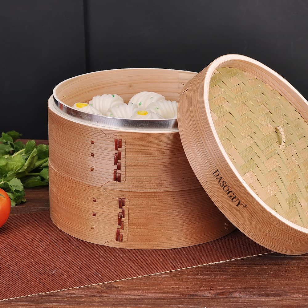 11.8 Inch Handmade Bamboo Steamer with Stainless Steel Rings - 3 Tier Stackable Dim Sum Basket for Dumplings, Buns & Rice - Includes Chopsticks & Cotton Liners - Perfect for Asian Cooking, Meal Prep & Party Serving