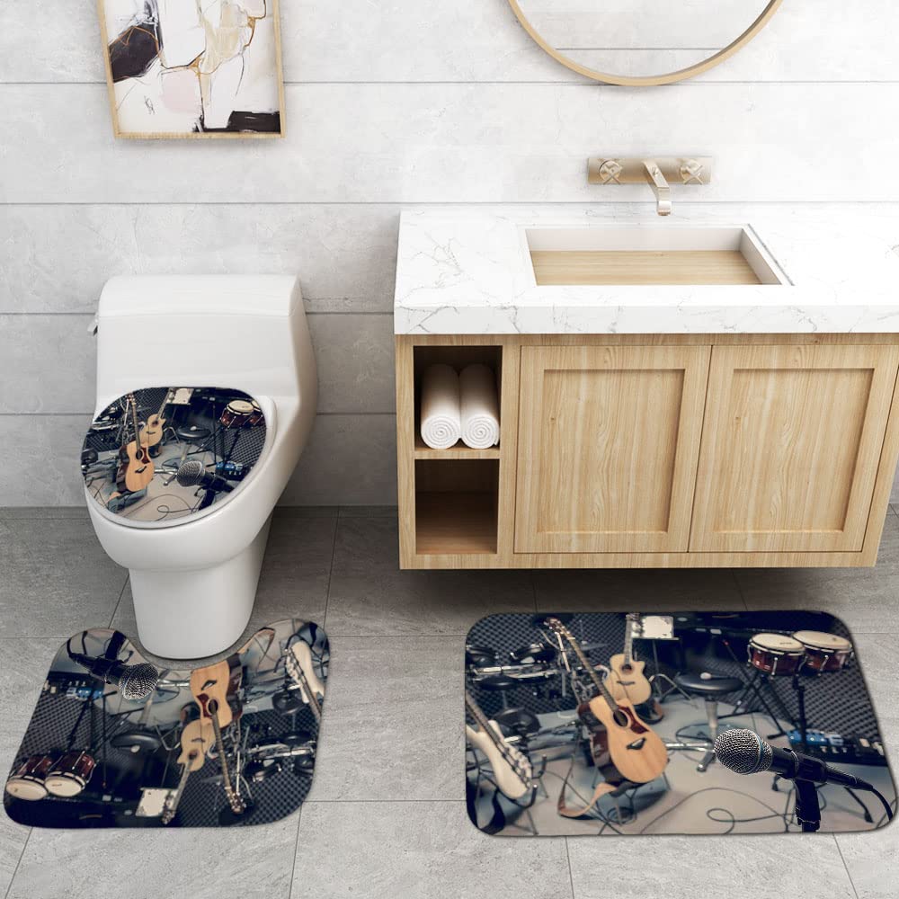 OLEBETY 4-Piece Pop Music Shower Curtain Set with Electric Guitar, Drums & Microphone Design - Waterproof Fabric Bathroom Decor for Band Theme - Includes Non-Slip Bath Mat - Perfect for Music Lovers' Bathroom & Teen Room Decor