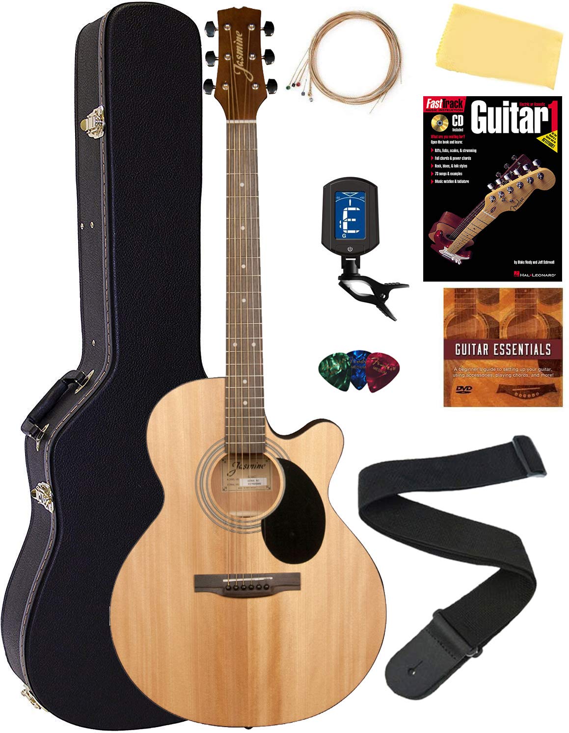 Jasmine S34C NEX Cutaway Acoustic Guitar Bundle - Natural Finish with Hard Case, Strings, Tuner, Strap, Picks, Instructional Book & DVD - Perfect for Beginners, Live Performances & Home Practice