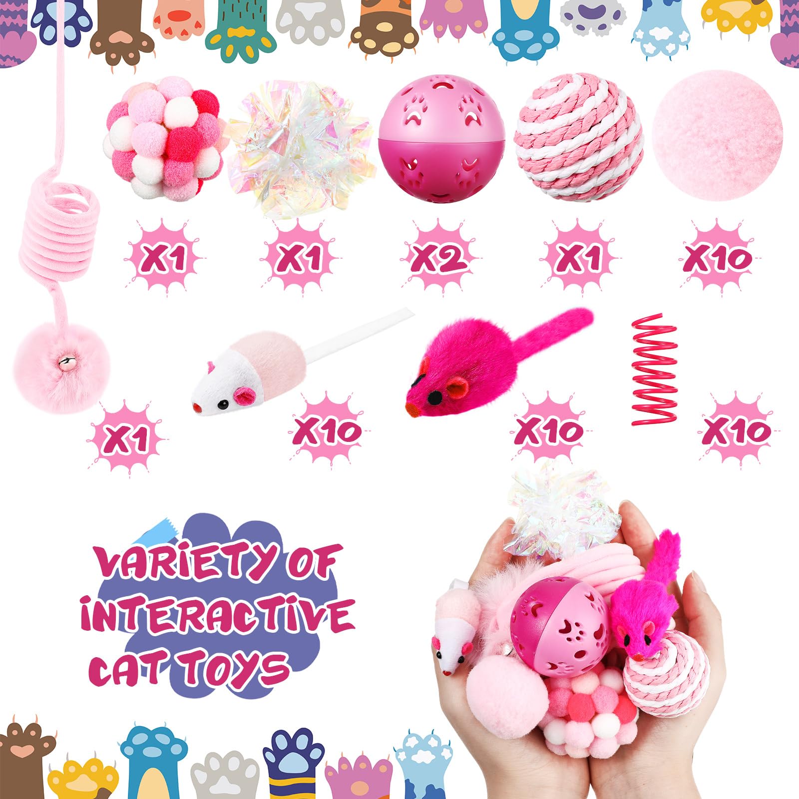 46 Pcs Cat Toys Set - Interactive Cute Cat Toys with Fur Mice, Rattle Springs, Crinkle Balls, Pompom Bells & Sisal Ball Puzzle - Perfect for Indoor Play, Kitten Training & Gift Giving (Pink)