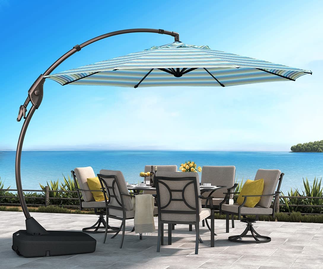 11FT Grand Patio Cantilever Offset Umbrella - Aluminum Outdoor Umbrella with Base for Pool, Garden, Deck (Stripes) - Perfect for Shade in Backyard, Beach & Outdoor Dining Areas