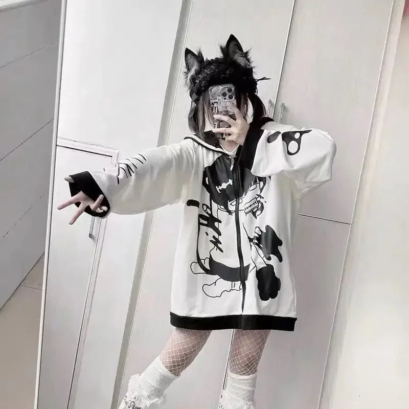 Anime Hoodie for Women - Sailor Collar Thick Cat Print Zip Up Sweatshirt Coat | Y2K Fashion Loose Cute Hooded Top | Perfect for Cosplay, Casual Wear & Street Style Outfits